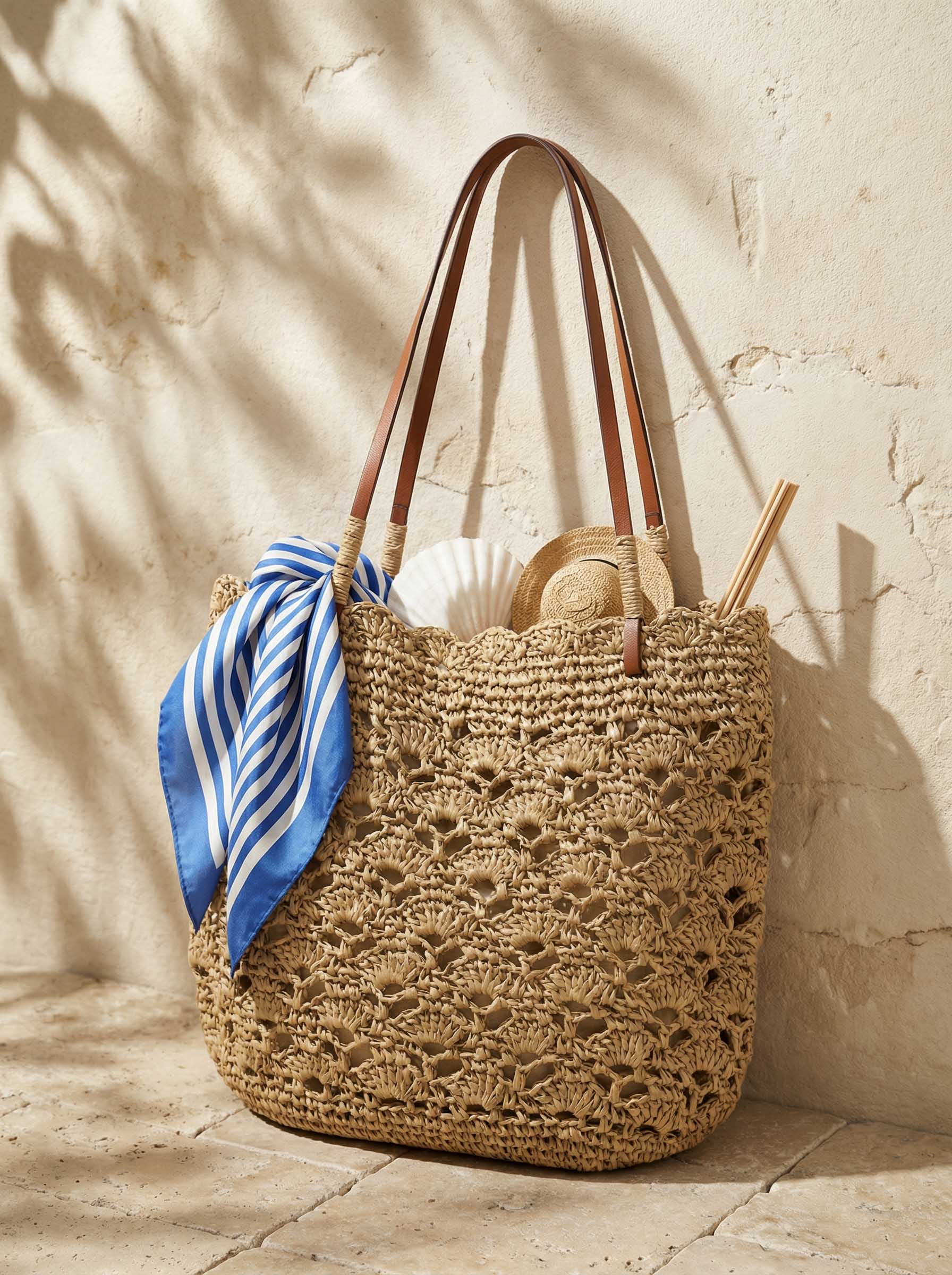 Crochet Woven Fan-Shape Shoulder Tote Bag by LINTICO