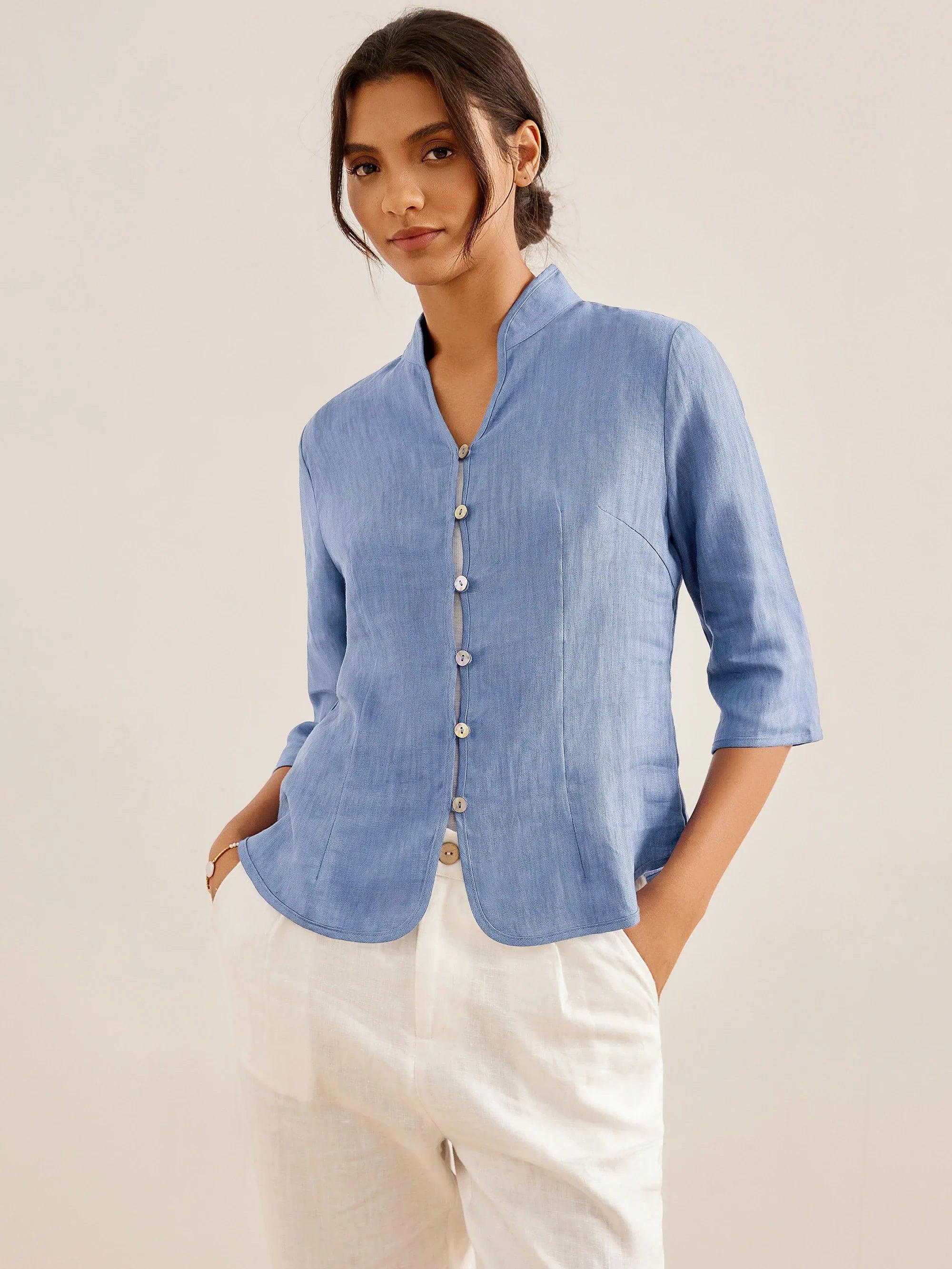 100% Linen Hand Button Fitted Jacket AMELIA by LINTICO
