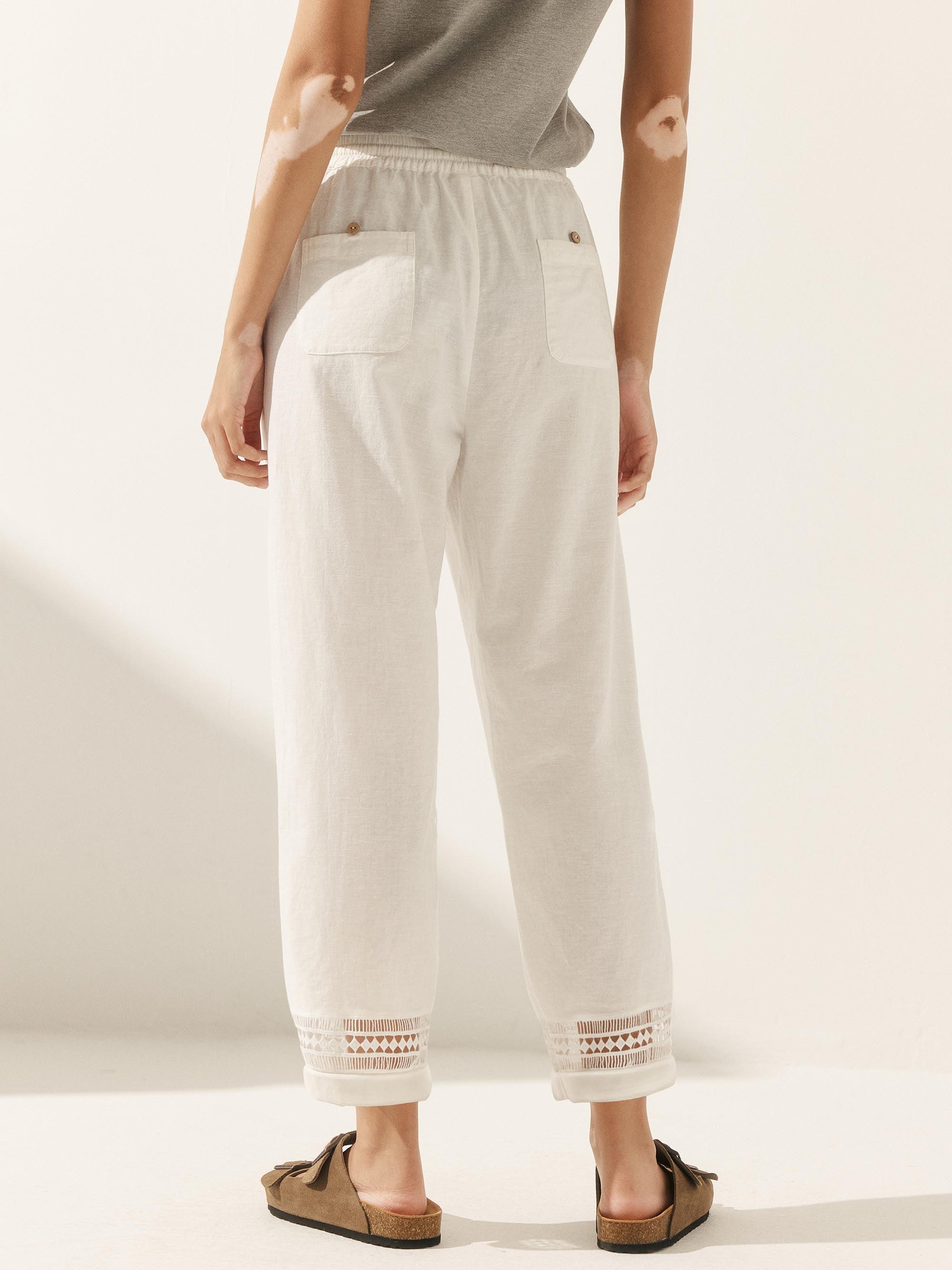 Linen Hollow Lace Stitching Elastic Waist Ankle Length Pants RITA by LINTICO