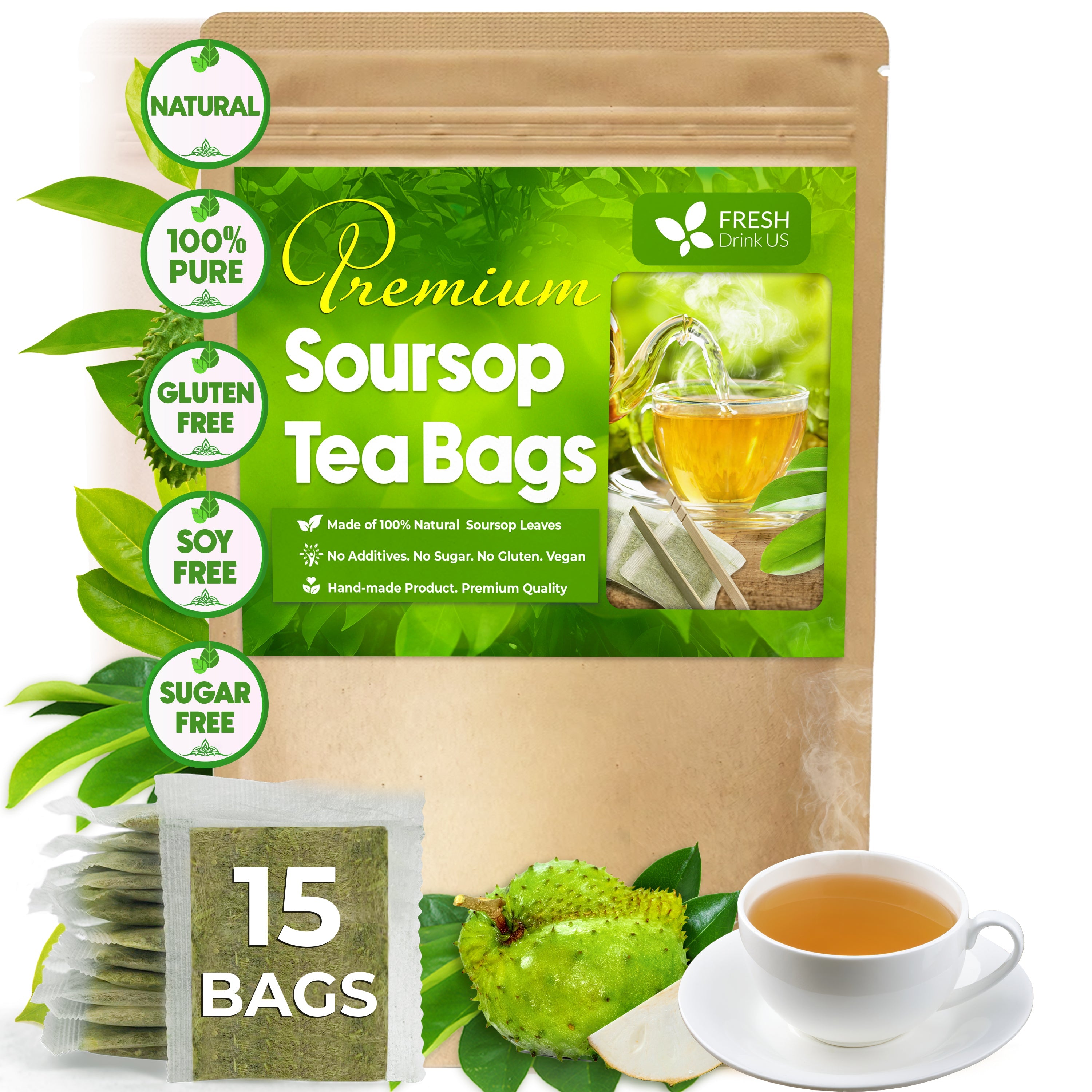 Premium Soursop Leaves Tea bags, Dried Soursop Leaves, Soursop Leaf Powder, Guanabana Leaves Tea, Hoja Guanabana Tea by FreshDrinkUS - Natural and Premium Herbal Tea