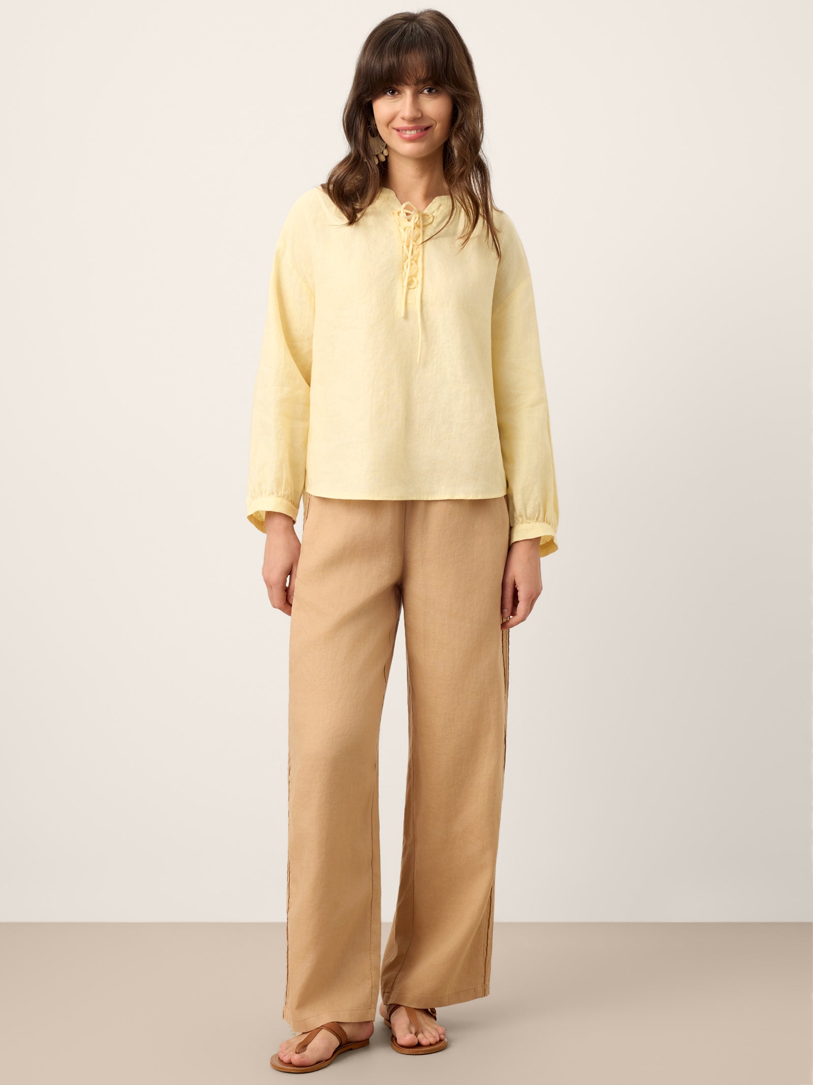 100% Linen Lace-Up Shirred Lantern Sleeve Blouse DOROTHEA by LINTICO