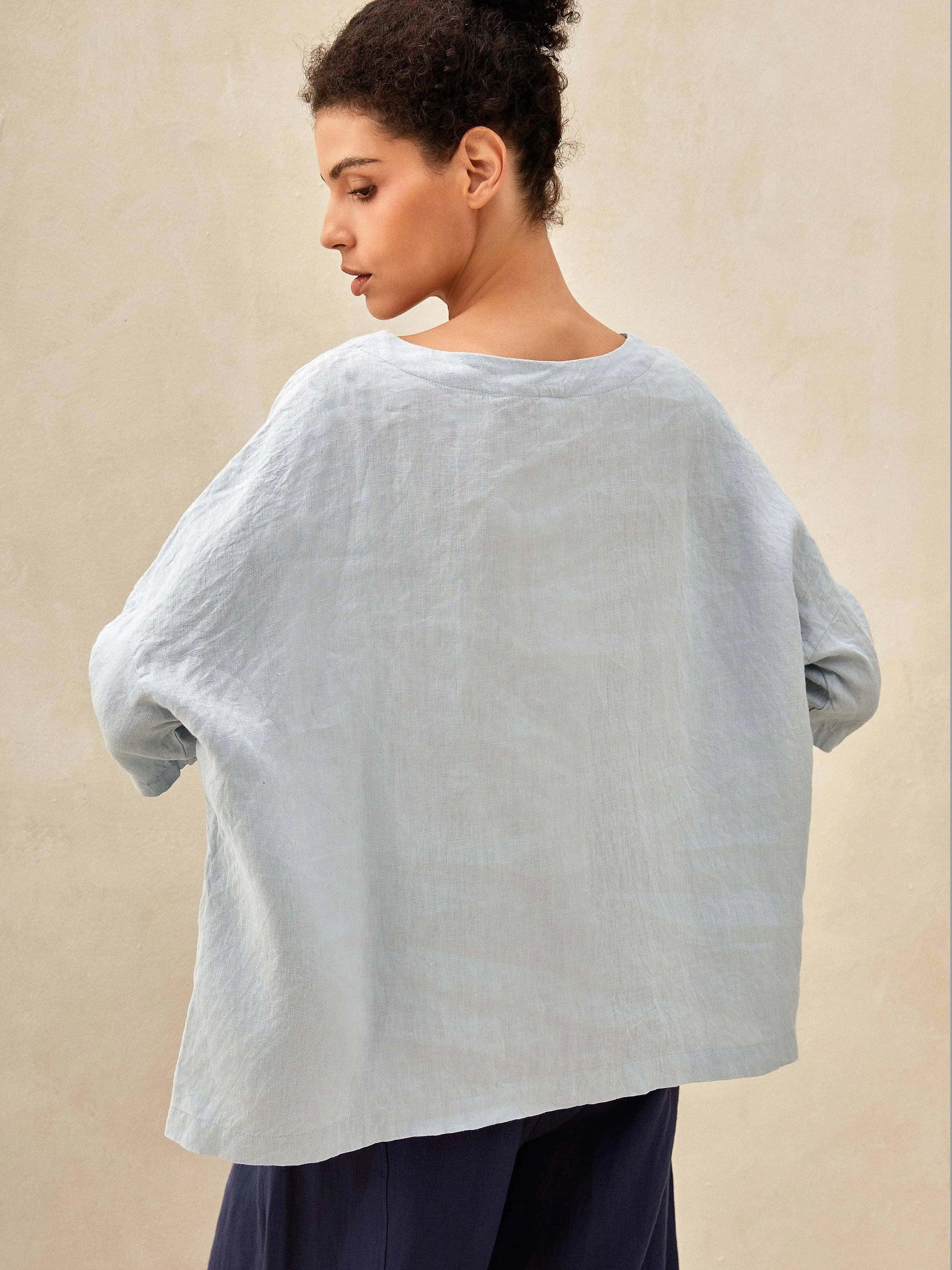 100% Linen Gingham Checked Boatneck 3/4 Length Sleeve Top AURORA by LINTICO
