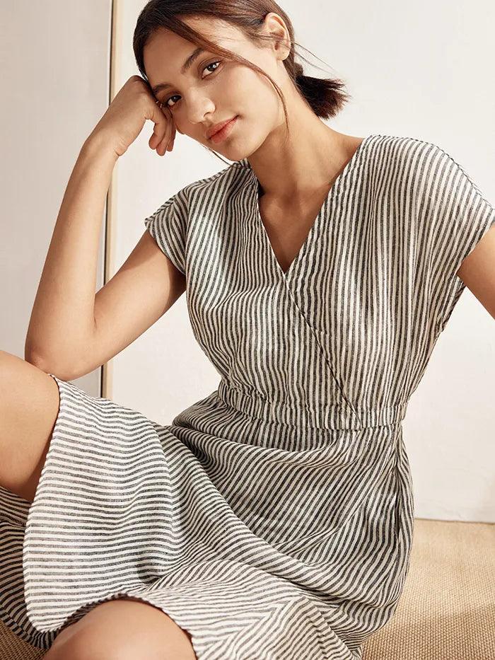 100% Linen Striped Elastic-Waist Mini Dress ARIA by LINTICO