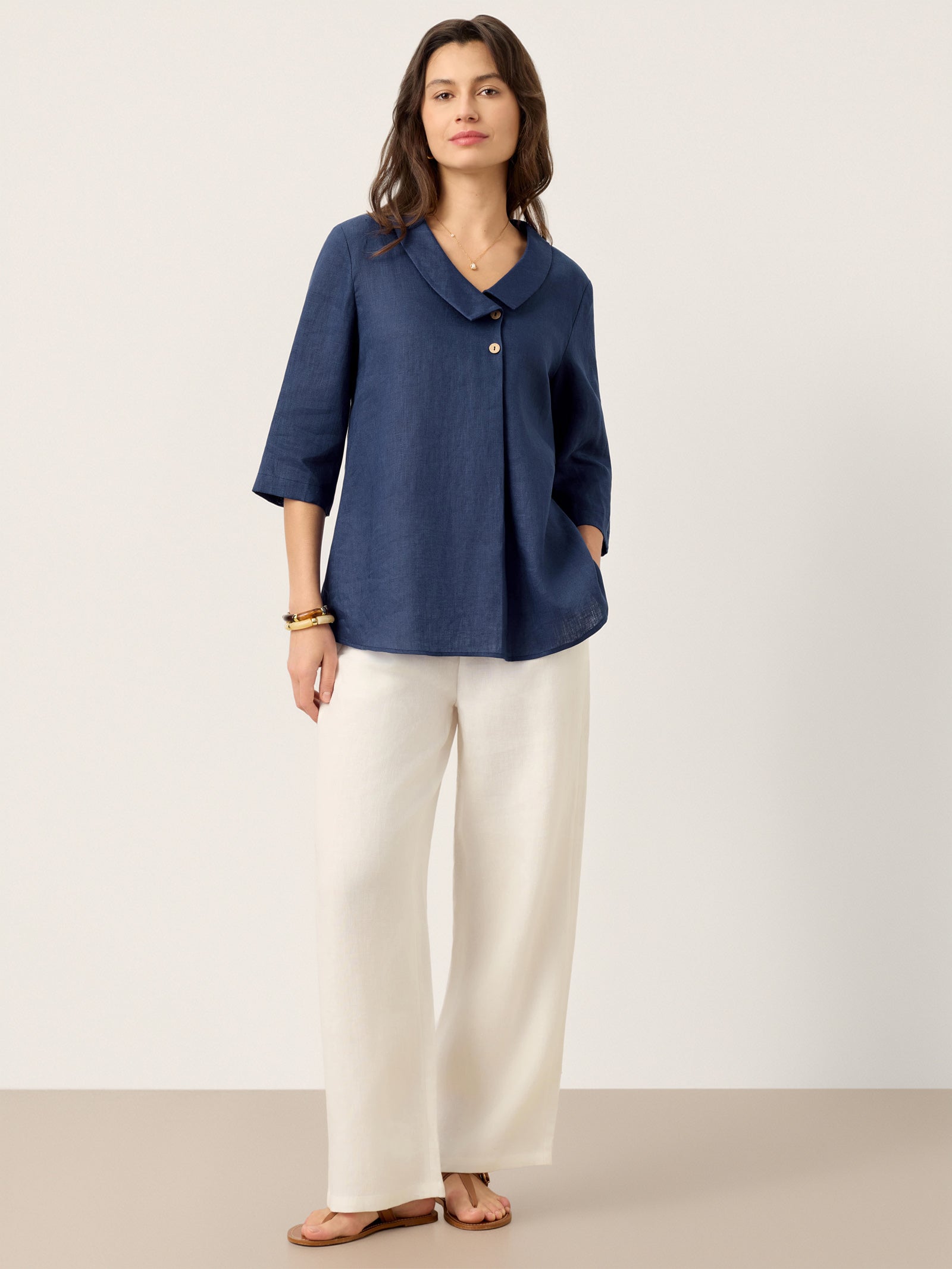 100% Linen Asymmetric Collar Inverted Pleat Top OTTILIE by LINTICO