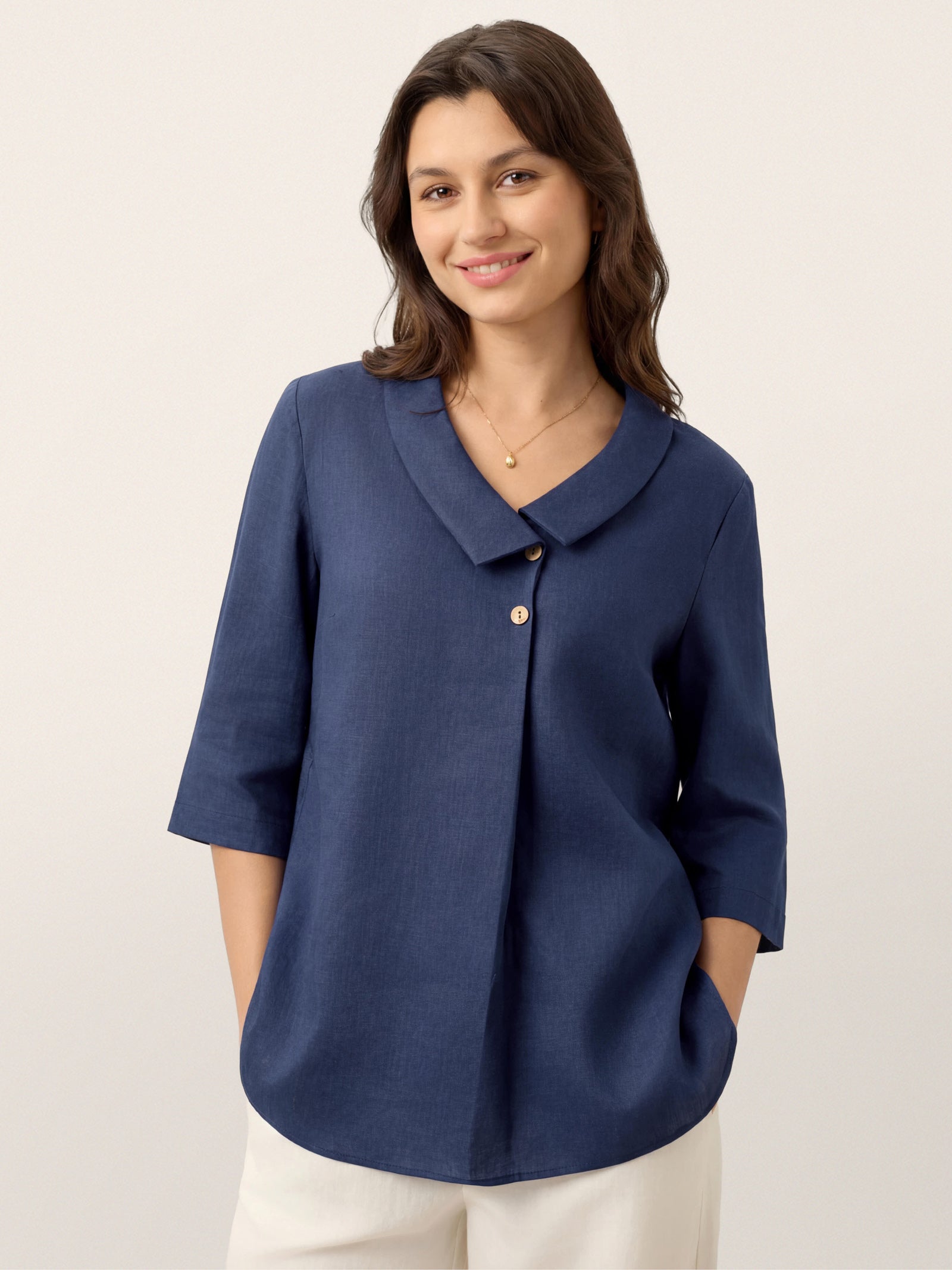 100% Linen Asymmetric Collar Inverted Pleat Top OTTILIE by LINTICO