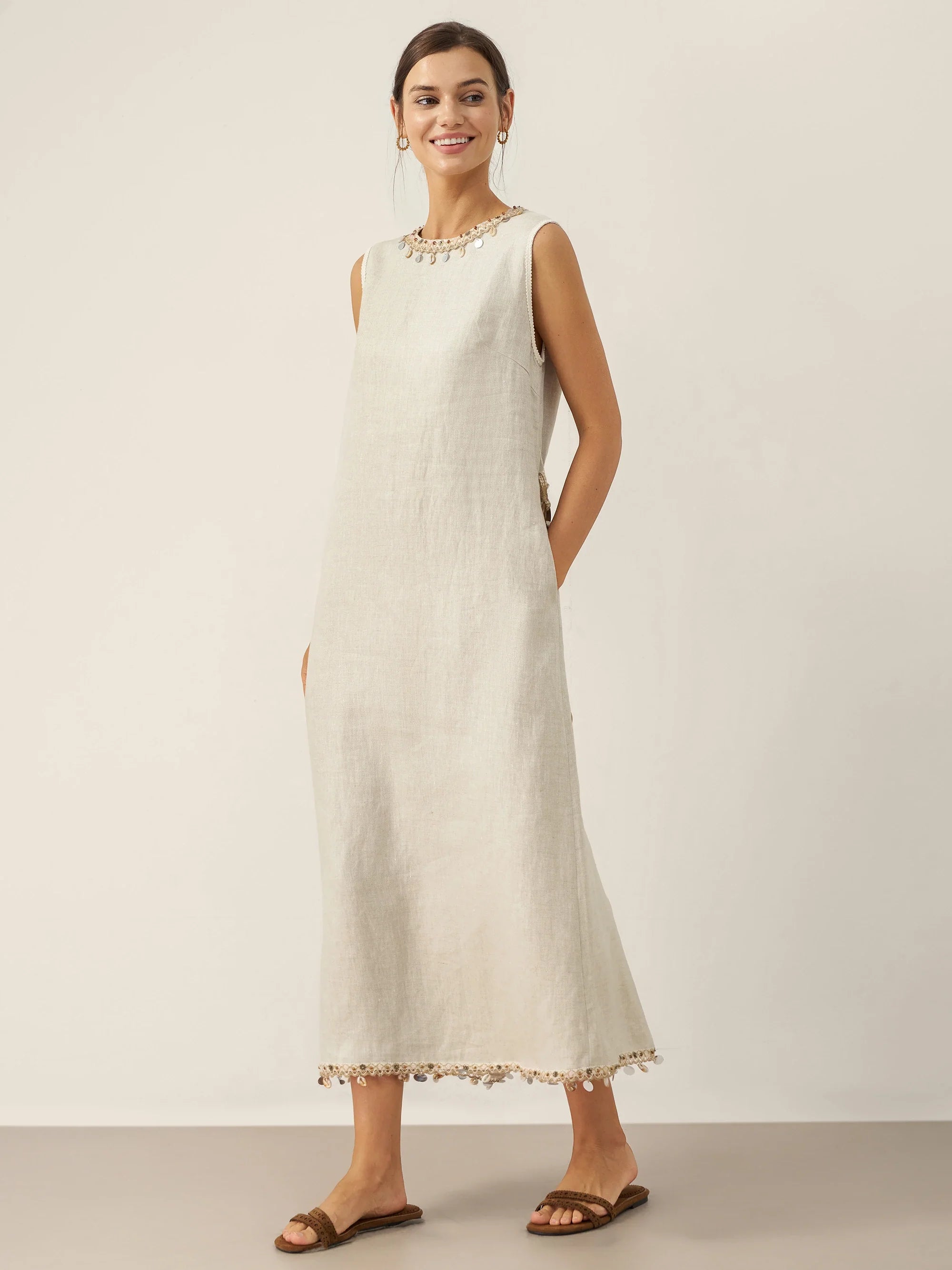 100% Linen Beaded Crew Neck Midi Dress with Belt BELLA by LINTICO