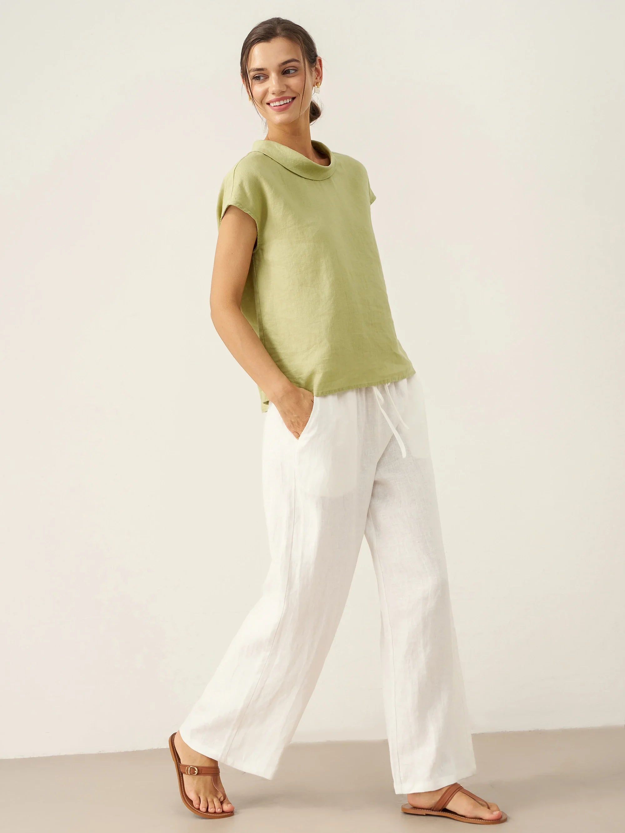100% Linen Cap Sleeve Soft-Fold Collar Top YVONNE by LINTICO