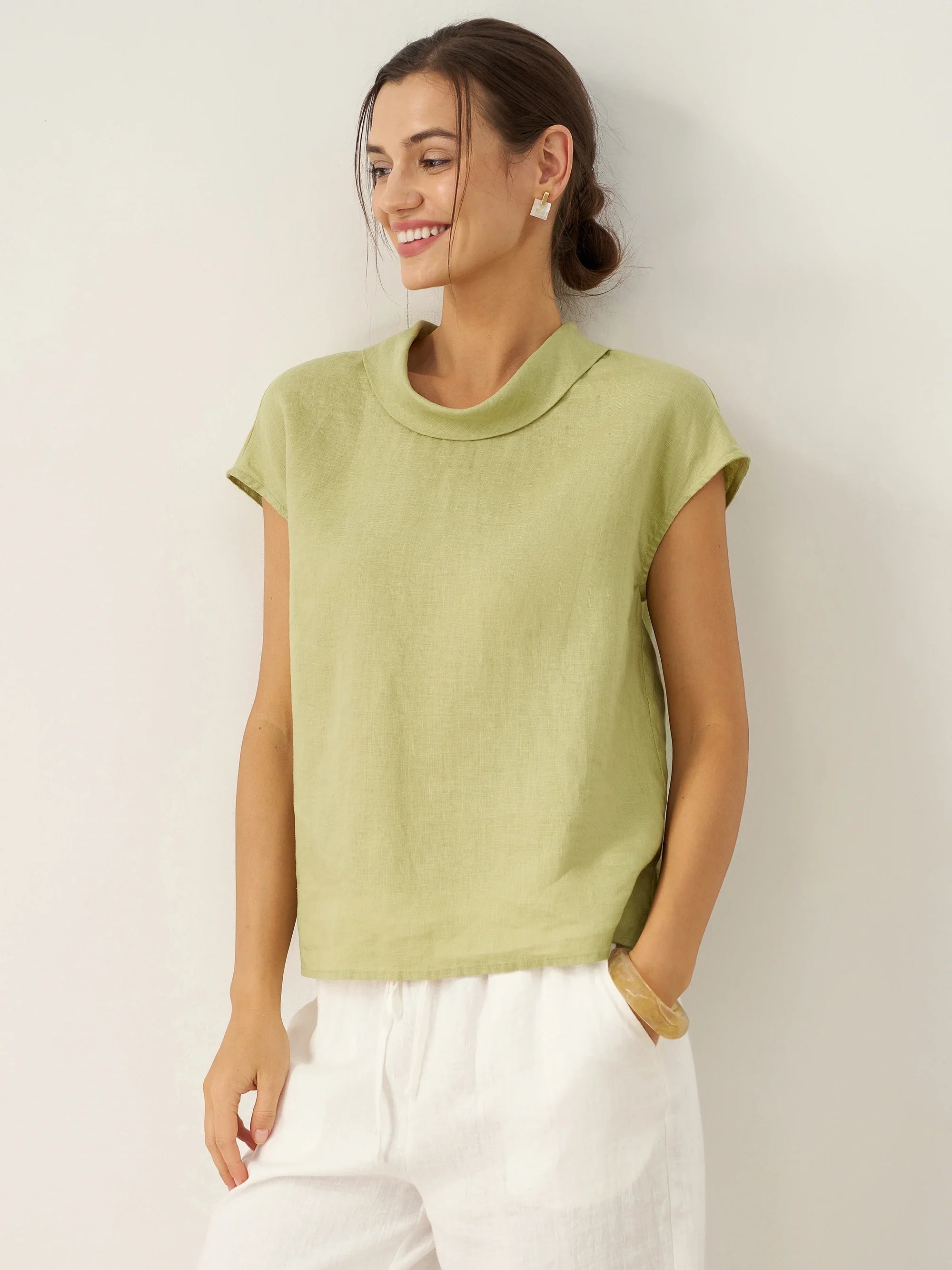 100% Linen Cap Sleeve Soft-Fold Collar Top YVONNE by LINTICO