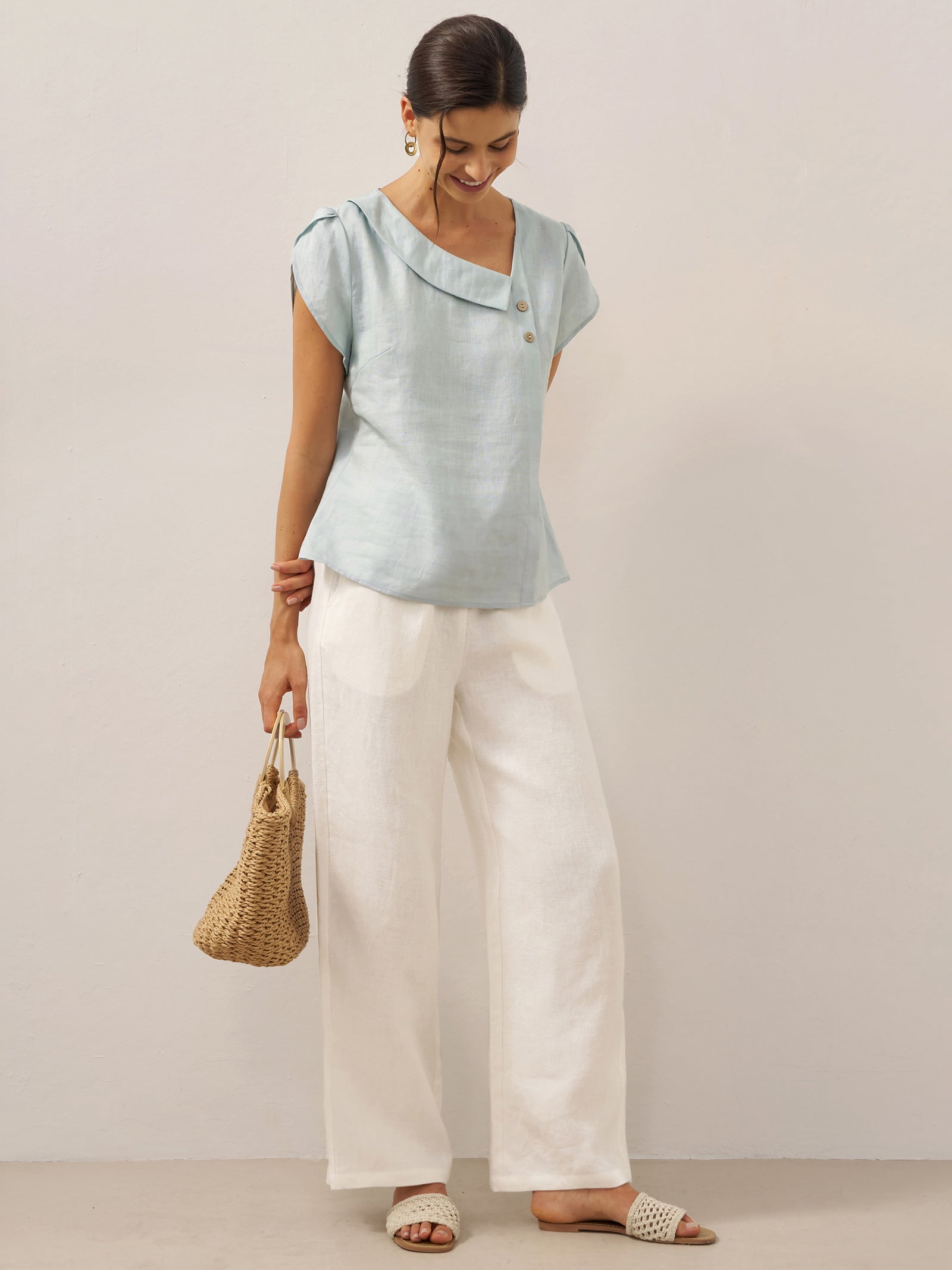 100% Linen Crescent Collar Flutter Sleeve Top FARA by LINTICO