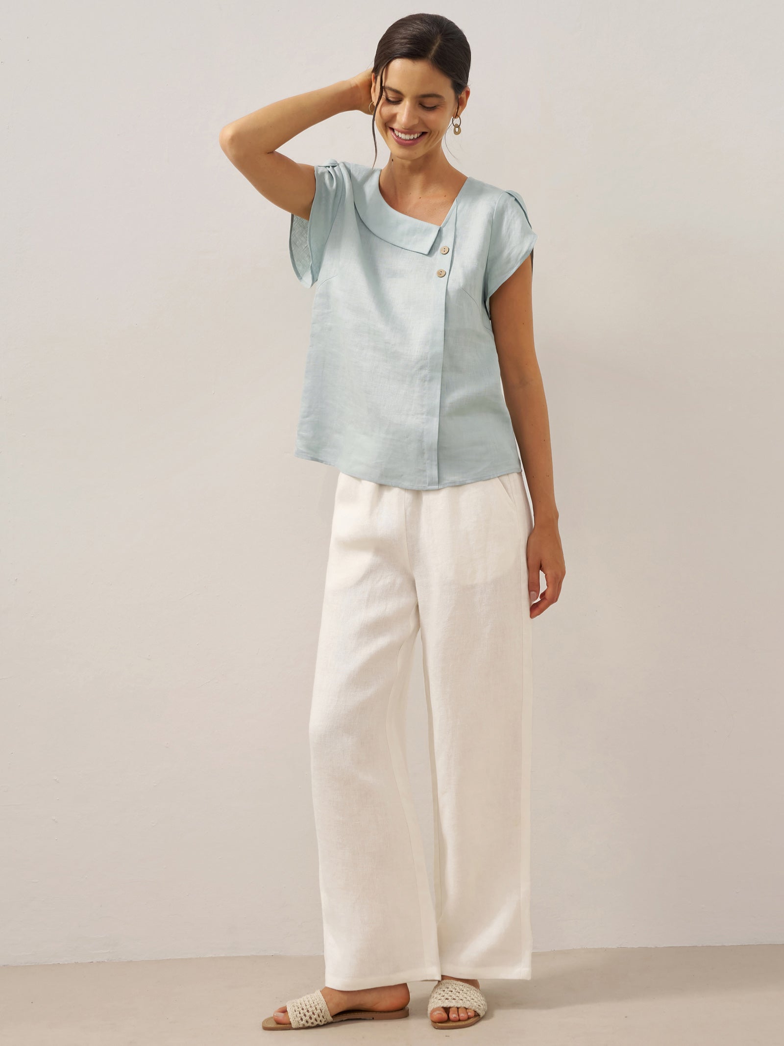 100% Linen Crescent Collar Flutter Sleeve Top FARA by LINTICO