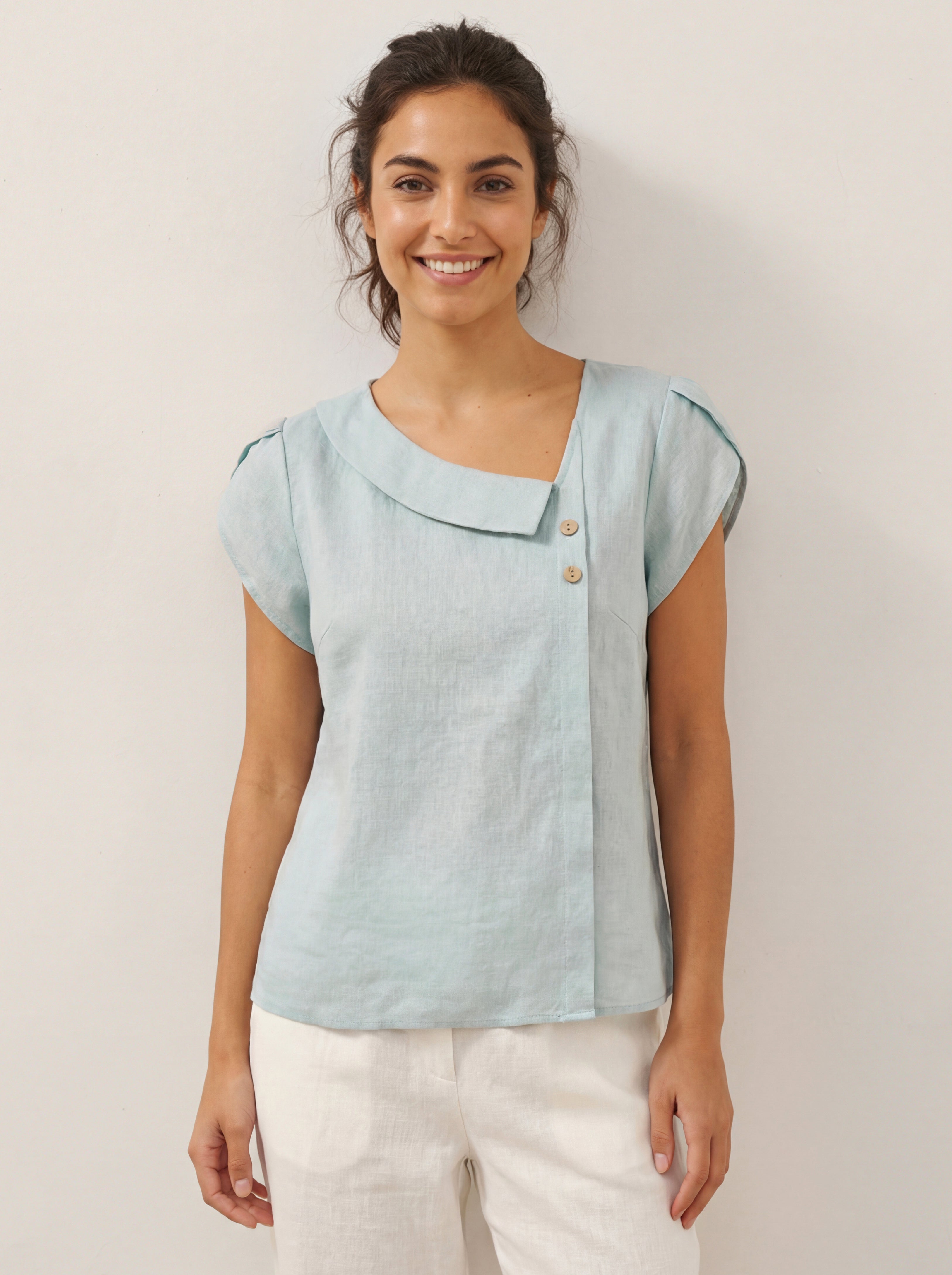 100% Linen Crescent Collar Flutter Sleeve Top FARA by LINTICO