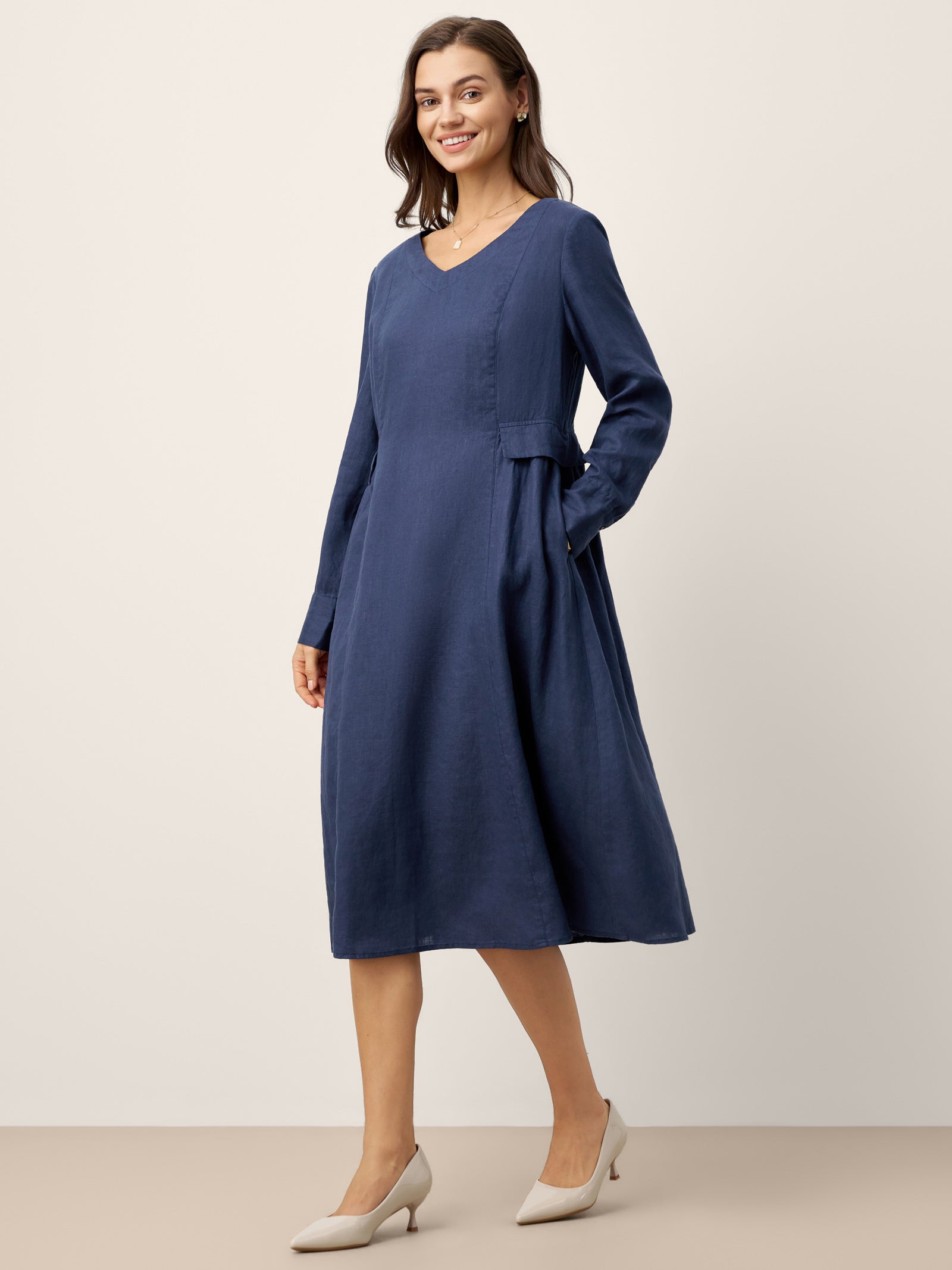 100% Linen Gathered Waist Flap Detail Midi Dress DIANA by LINTICO