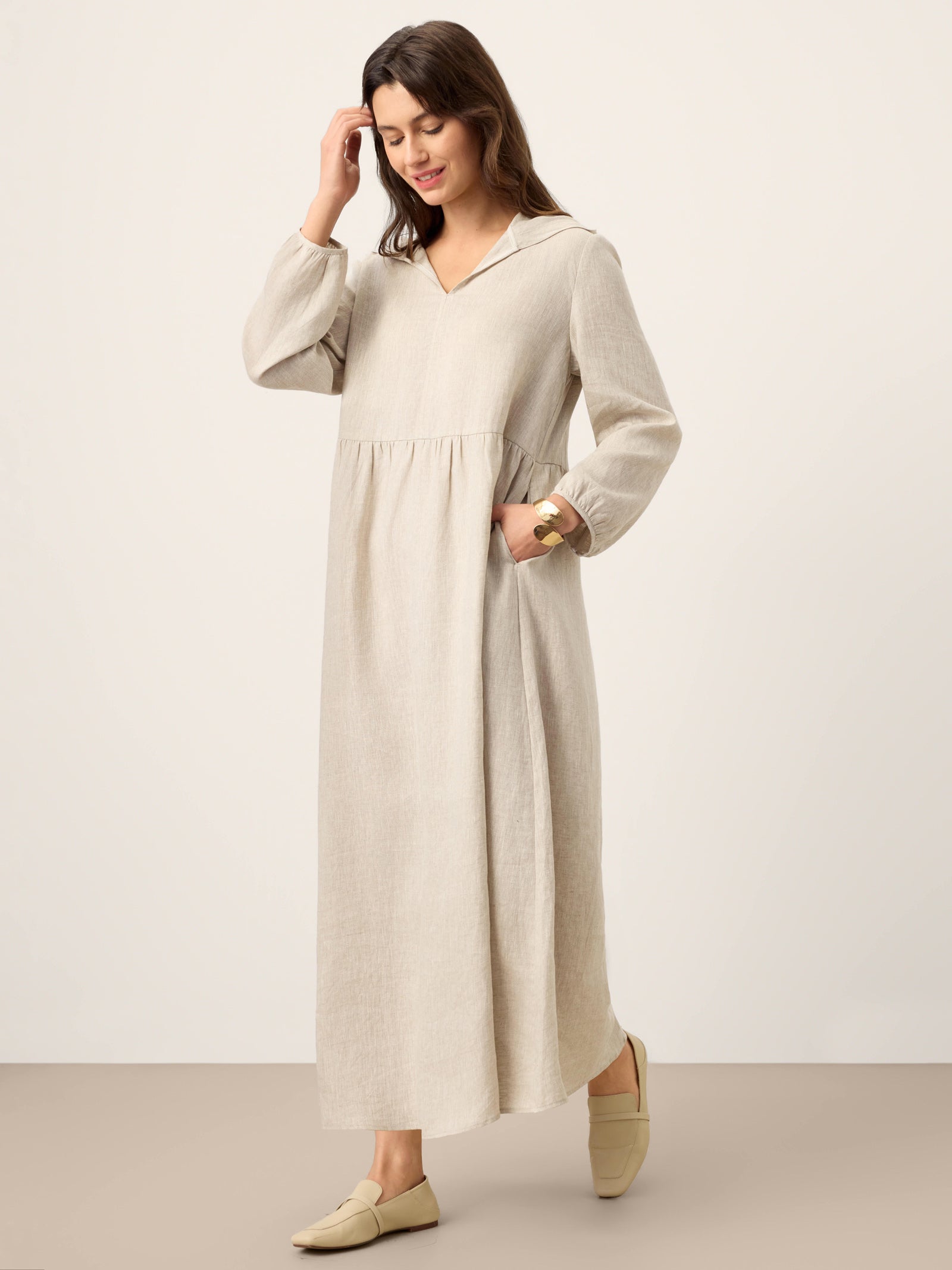 100% Linen Sculpted-Hood Caftan Midi Dress LINETTE by LINTICO