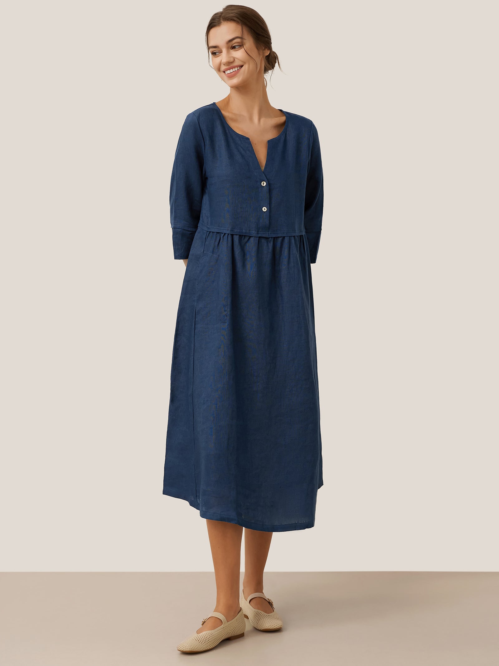 100% Linen Loose Fit Button Waist Gathered Midi Dress LUNA by LINTICO