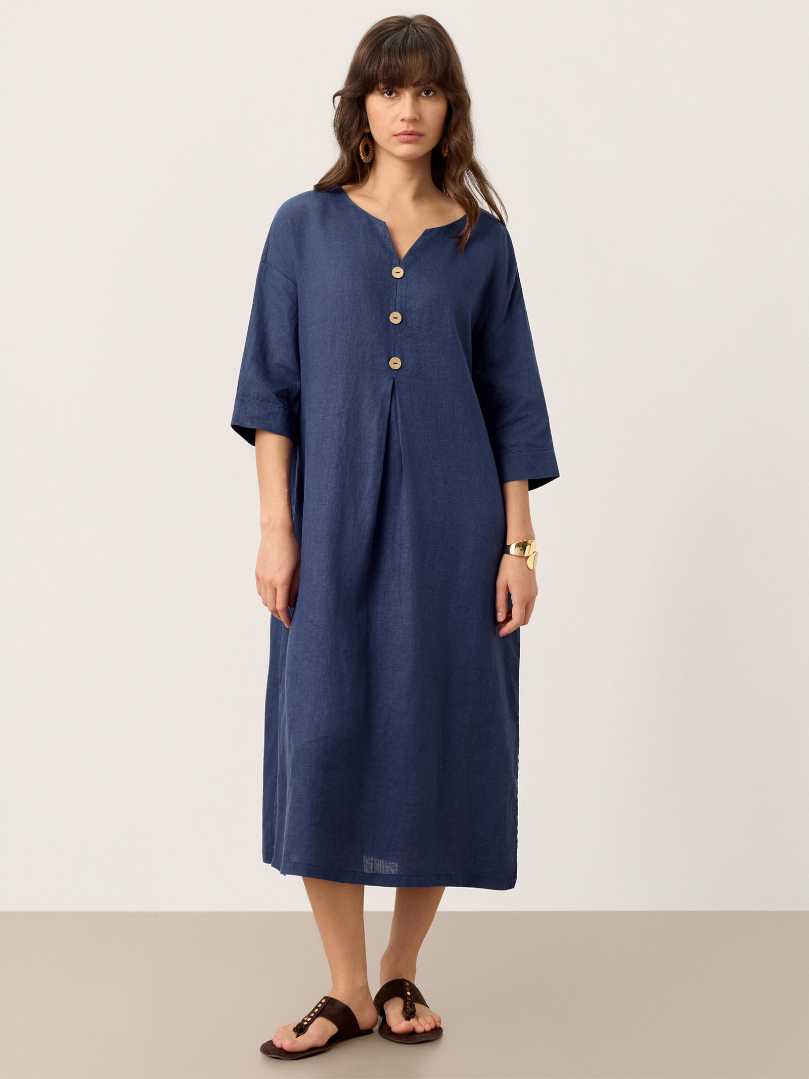 100% Linen Notch Neck Inverted Pleat Midi Dress MATILDE by LINTICO