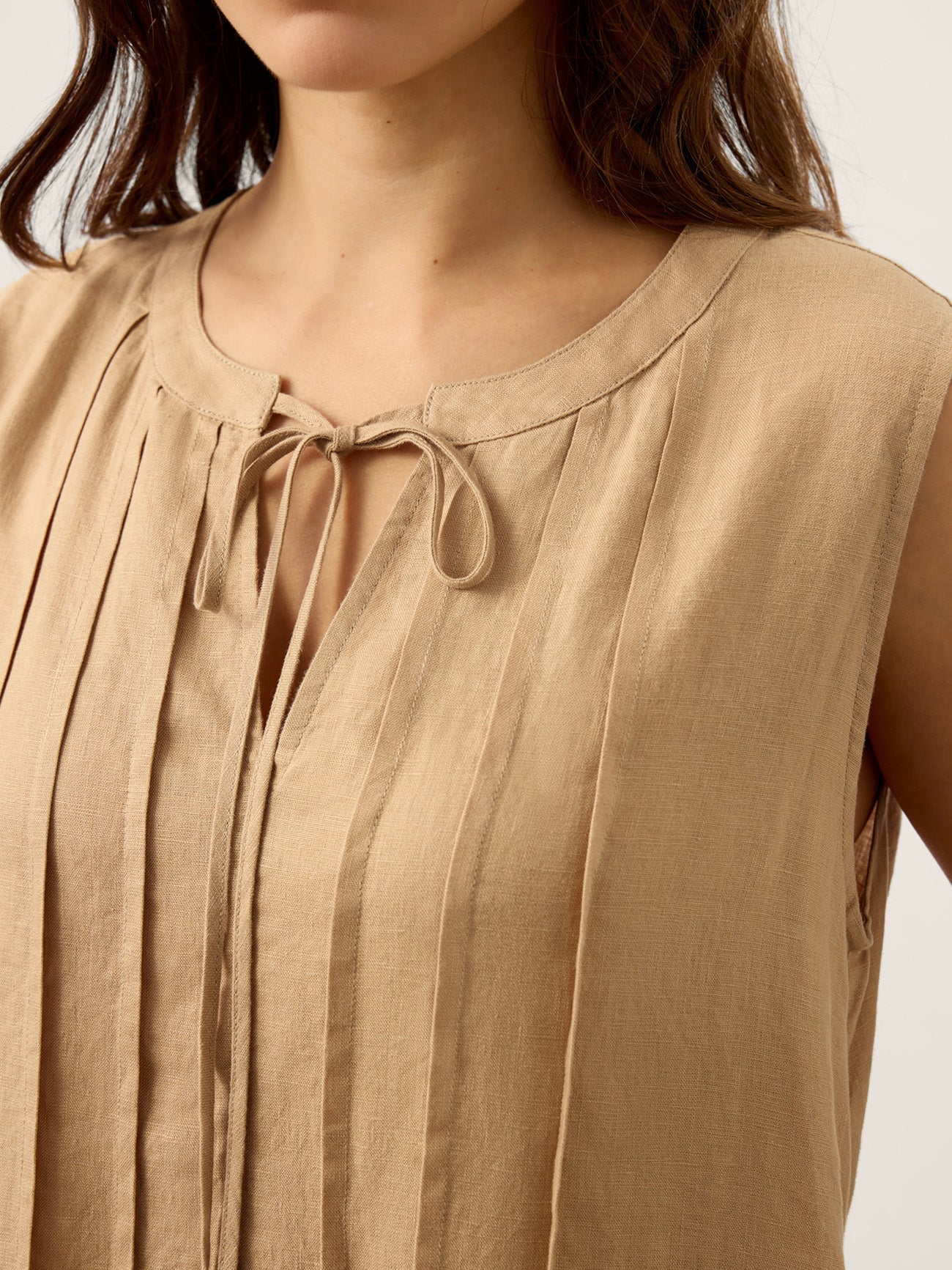 100% Linen Sleeveless Tie-Neck Pintucked Midi Dress MILLICENT by LINTICO