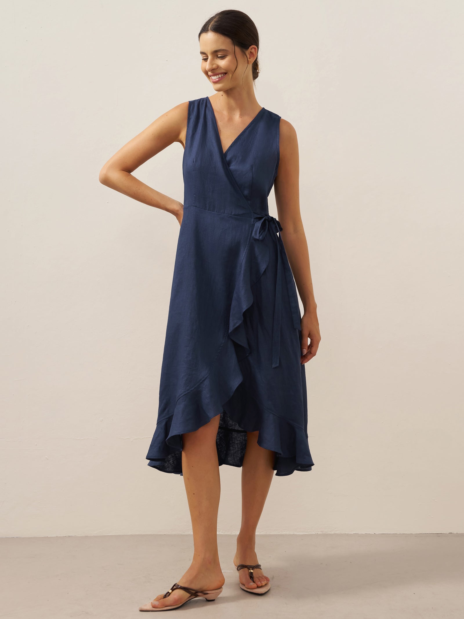 100% Linen V-Neck One-Piece Ruffle Hem Midi Dress MAYA by LINTICO