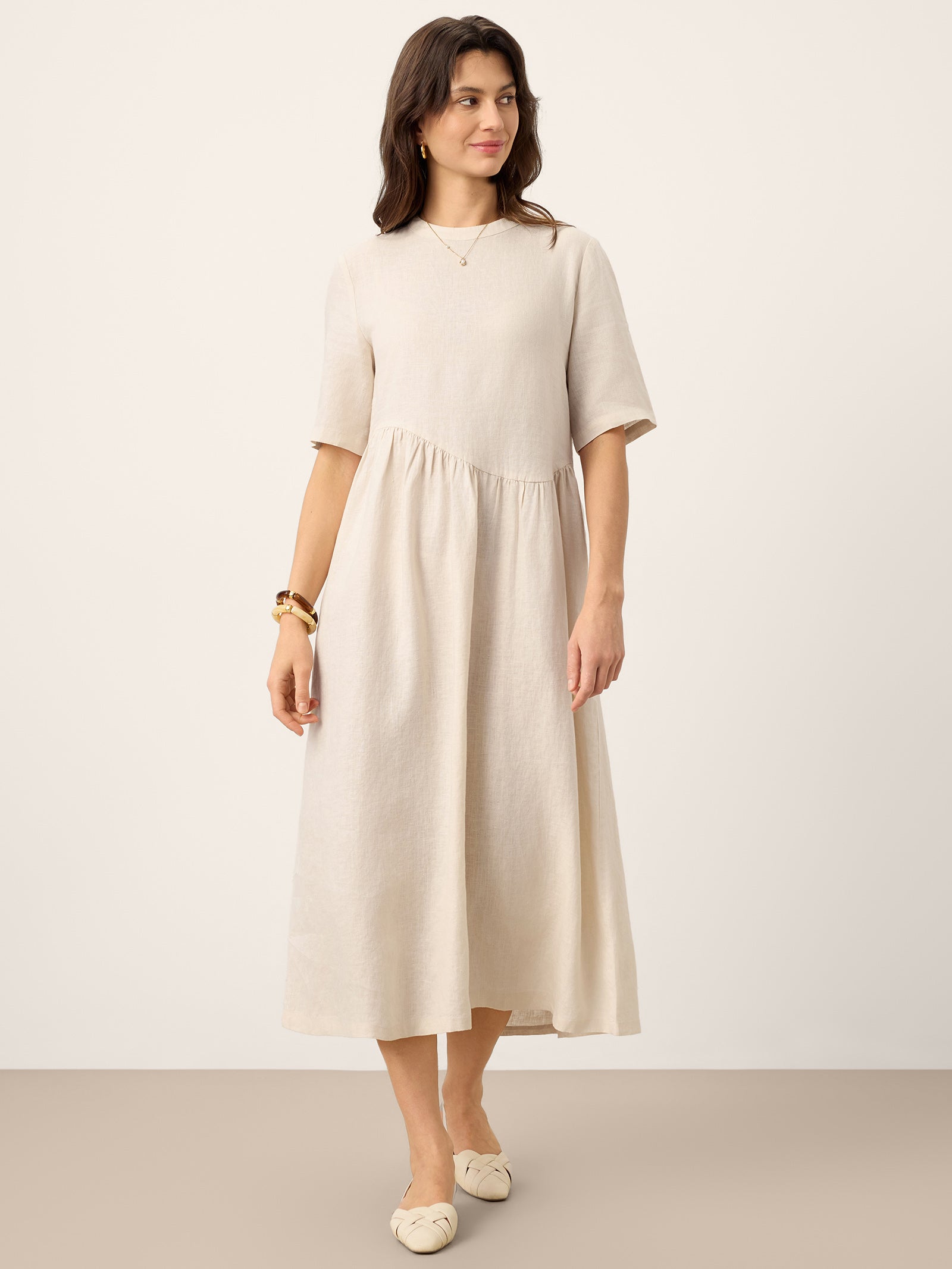 100% Linen Arch-Seam Fluid Midi Dress EUDORA by LINTICO