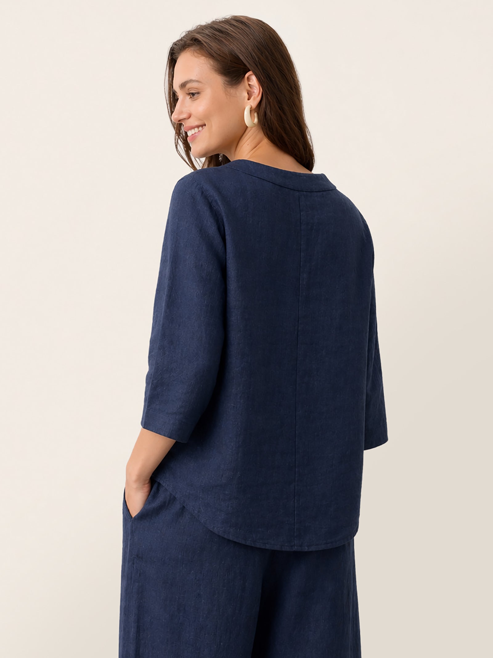 100% Linen Asymmetric-Hem Button-Trim Top NYLA by LINTICO