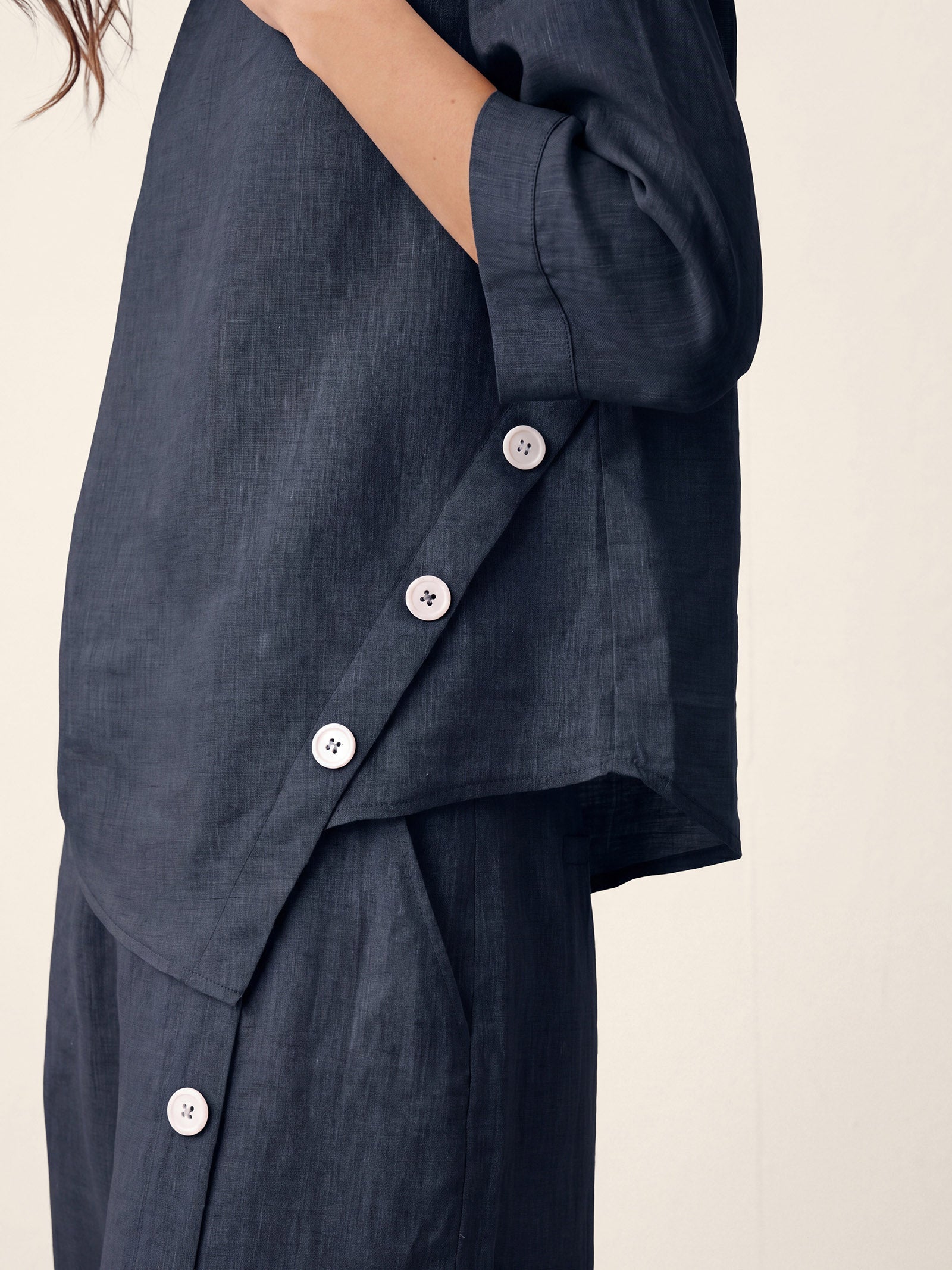 100% Linen Asymmetric-Hem Button-Trim Top NYLA by LINTICO