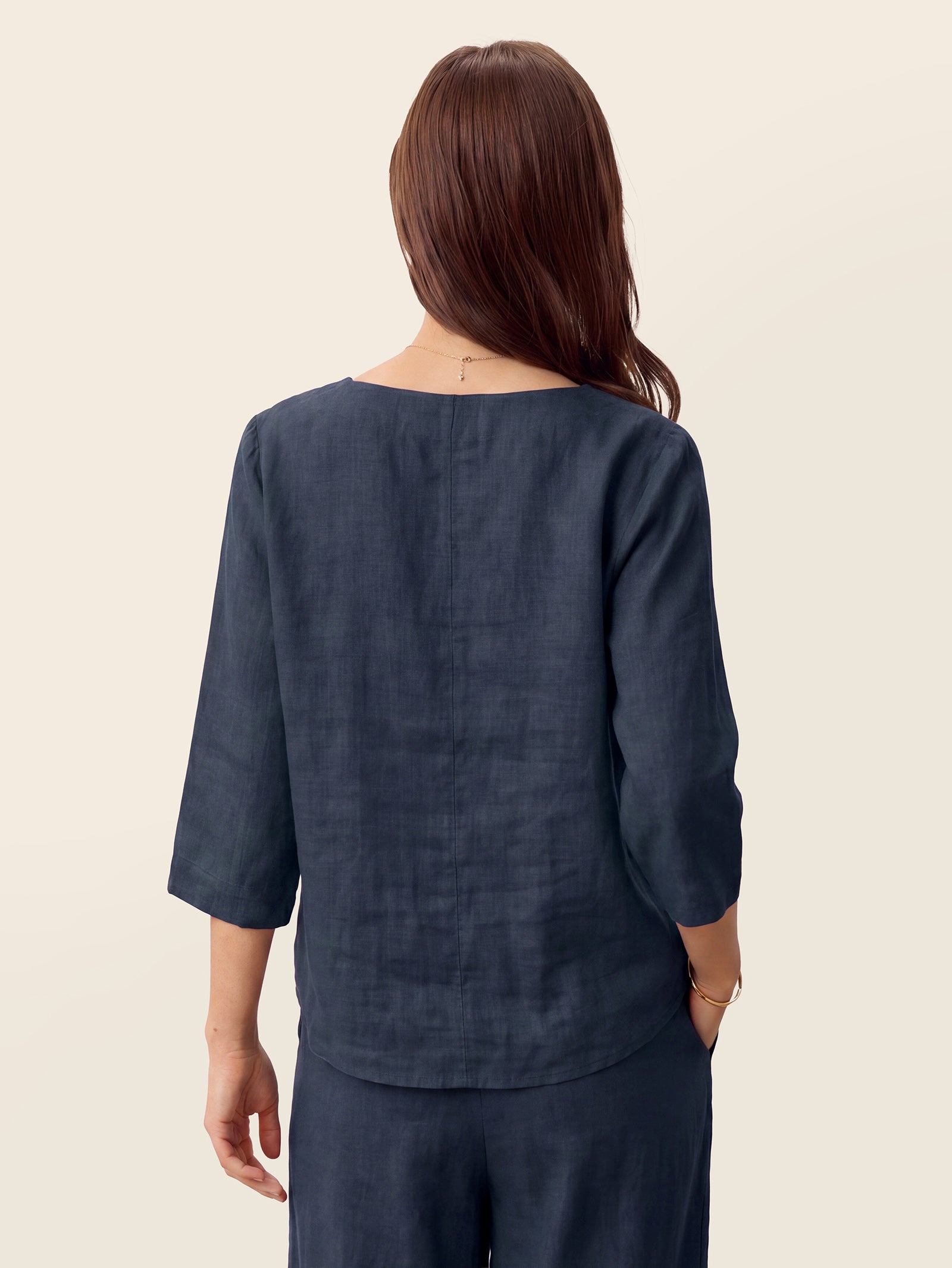 100% Linen Asymmetric-Hem Button-Trim Top NYLA by LINTICO