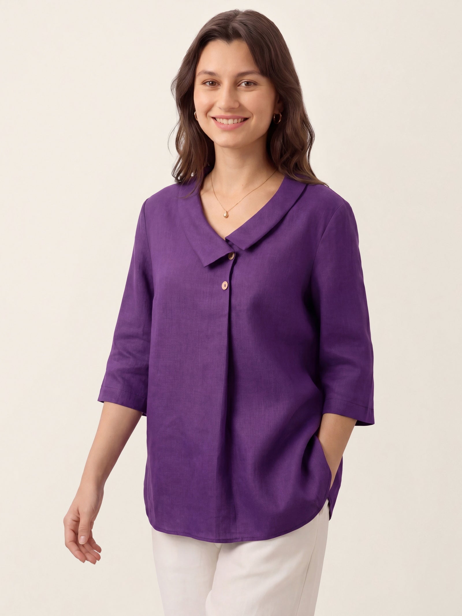 100% Linen Asymmetric Collar Inverted Pleat Top OTTILIE by LINTICO