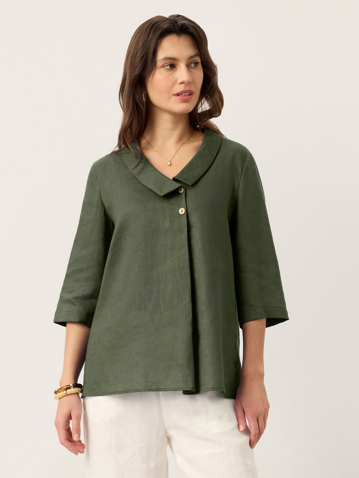 100% Linen Asymmetric Collar Inverted Pleat Top OTTILIE by LINTICO