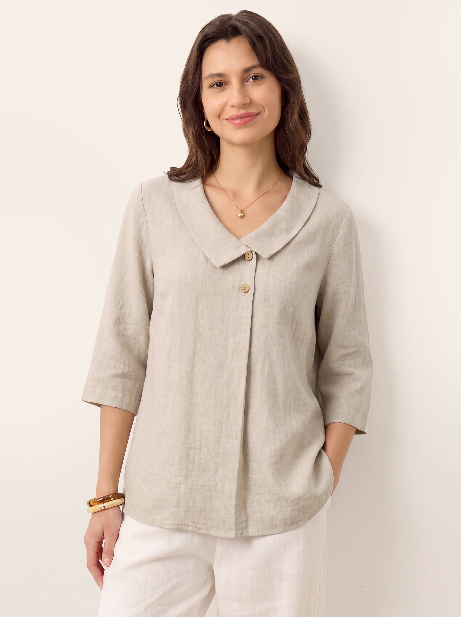 100% Linen Asymmetric Collar Inverted Pleat Top OTTILIE by LINTICO