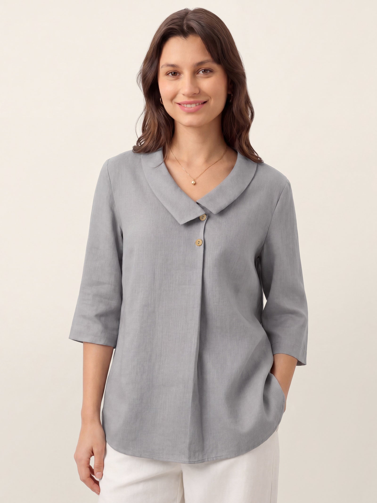 100% Linen Asymmetric Collar Inverted Pleat Top OTTILIE by LINTICO