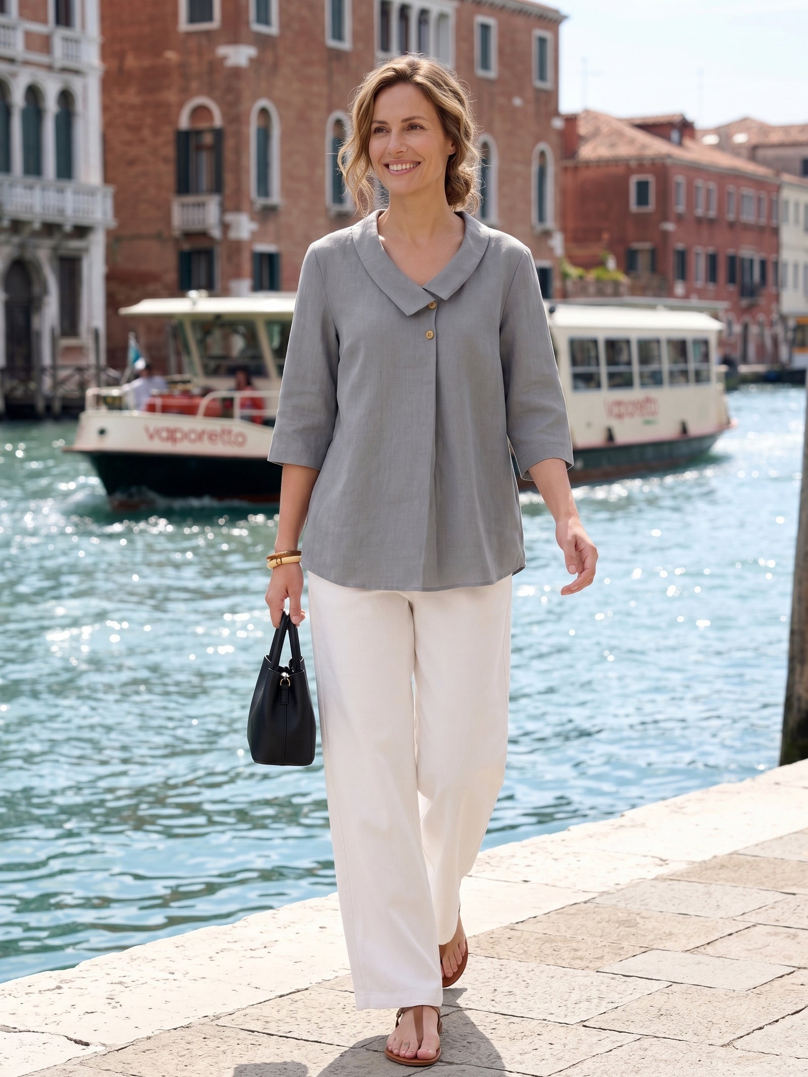 100% Linen Asymmetric Collar Inverted Pleat Top OTTILIE by LINTICO