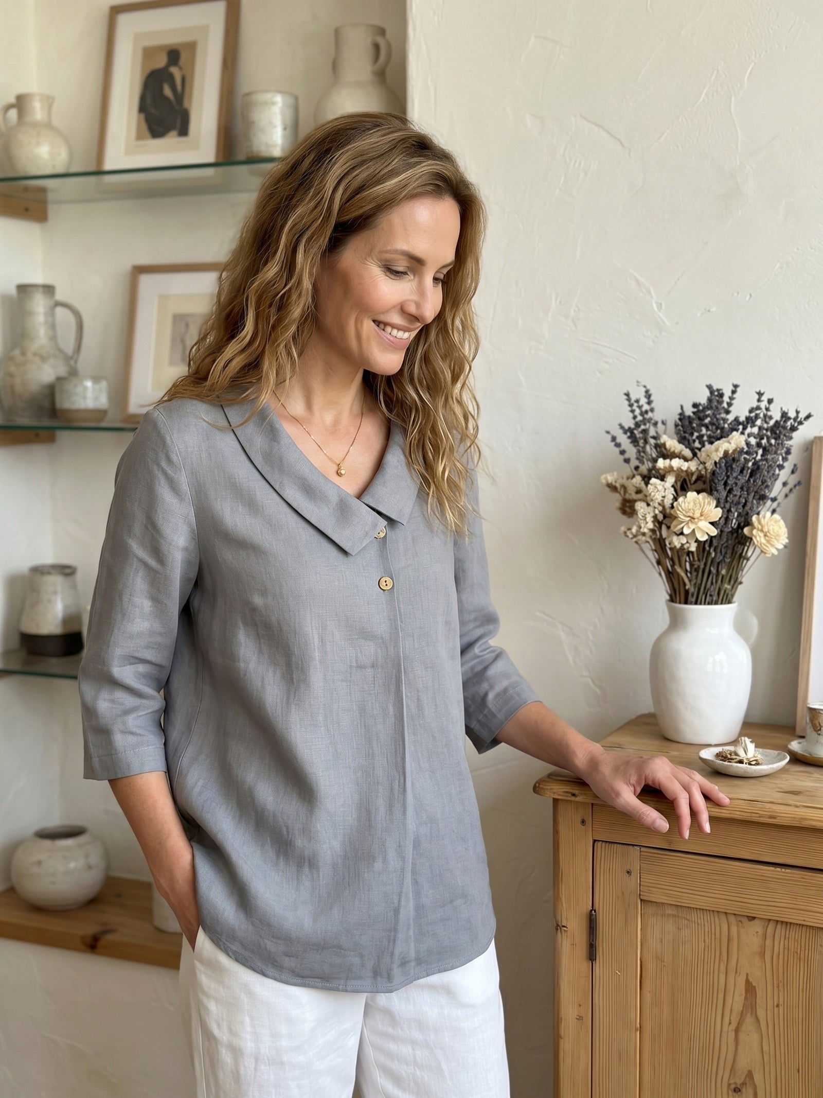100% Linen Asymmetric Collar Inverted Pleat Top OTTILIE by LINTICO