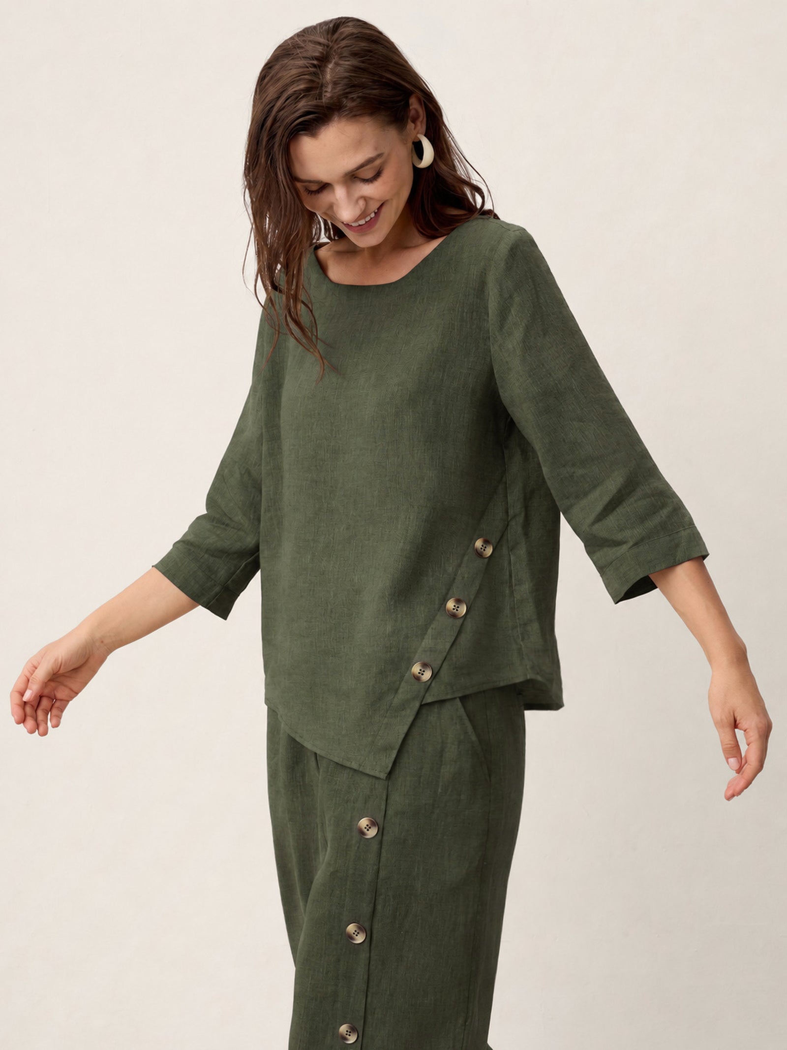 100% Linen Asymmetric-Hem Button-Trim Top NYLA by LINTICO
