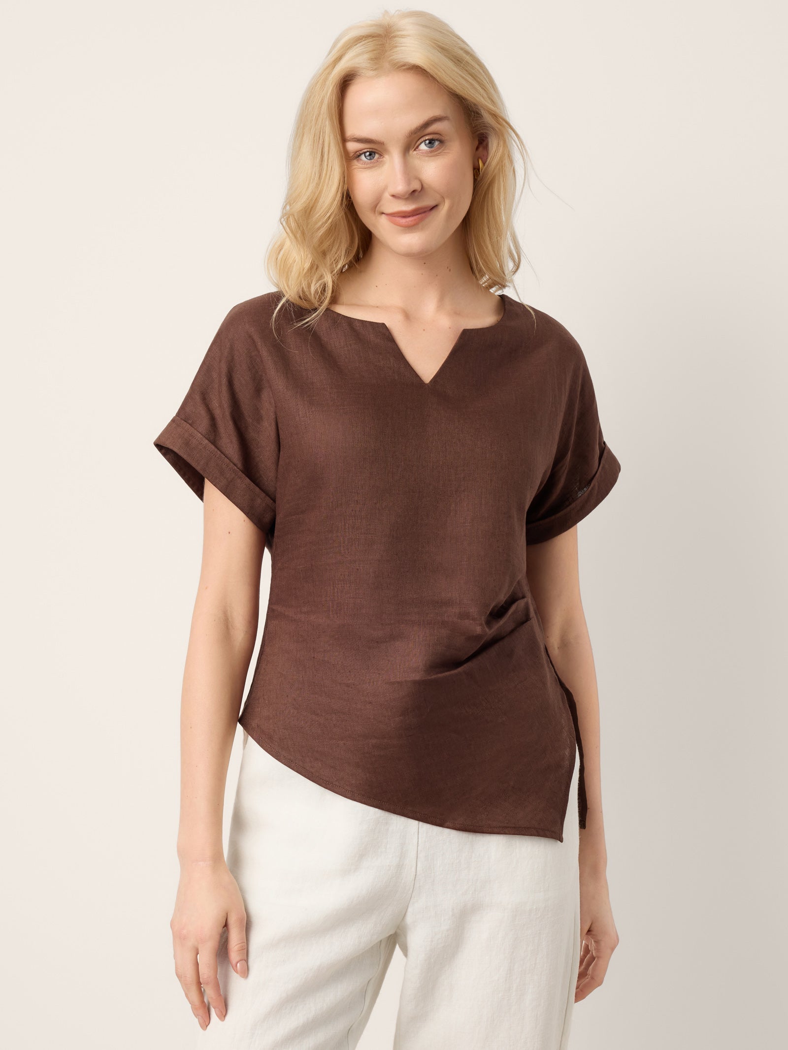 100% Linen Asymmetric Hem Side Gathered Split-Neck Top MINERVA by LINTICO