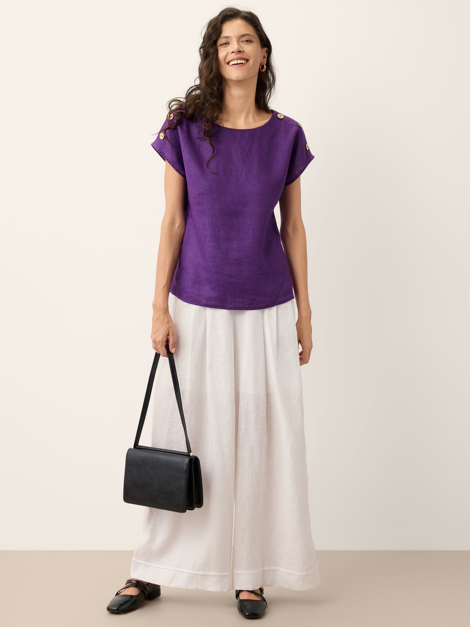 100% Linen Round Neck Button Detail Top ISABELLE by LINTICO
