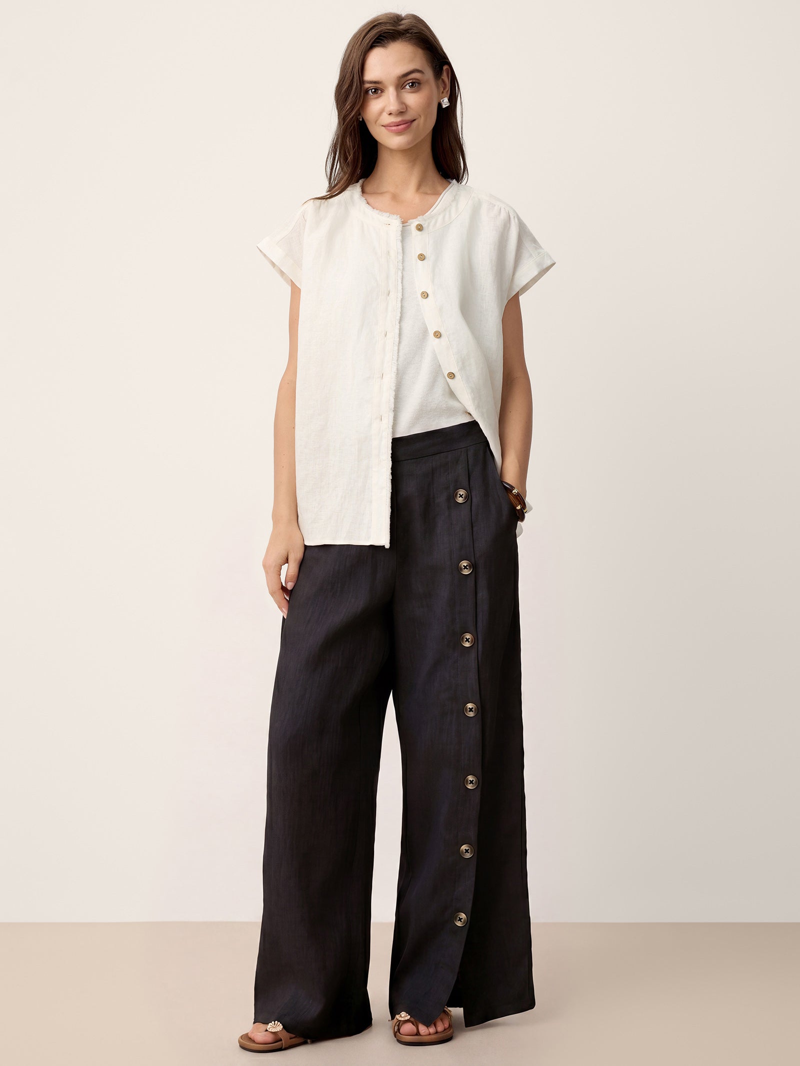 100% Linen Buttoned Slit-Hem Pants KATYA by LINTICO