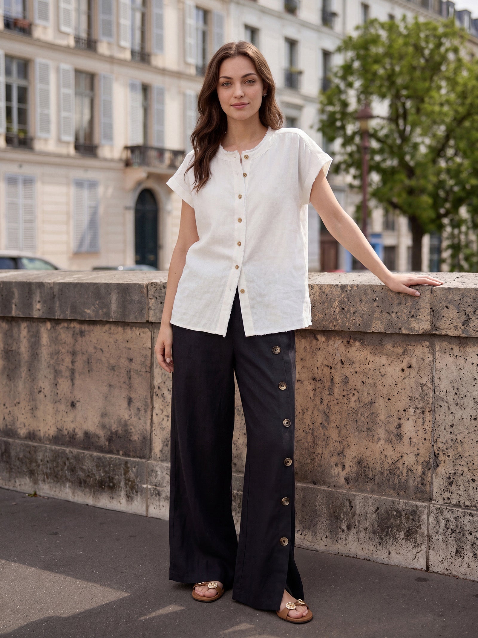 100% Linen Buttoned Slit-Hem Pants KATYA by LINTICO