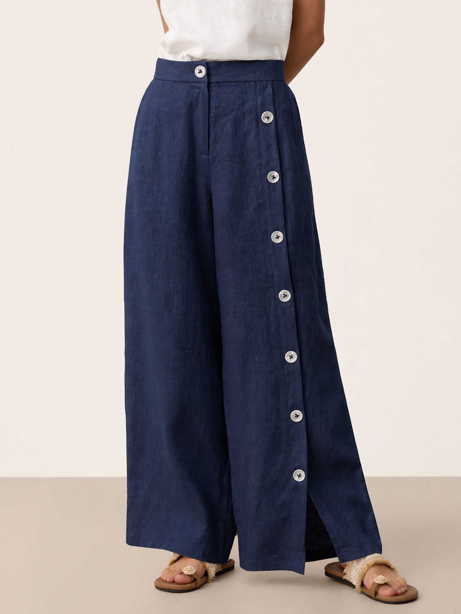 100% Linen Buttoned Slit-Hem Pants KATYA by LINTICO