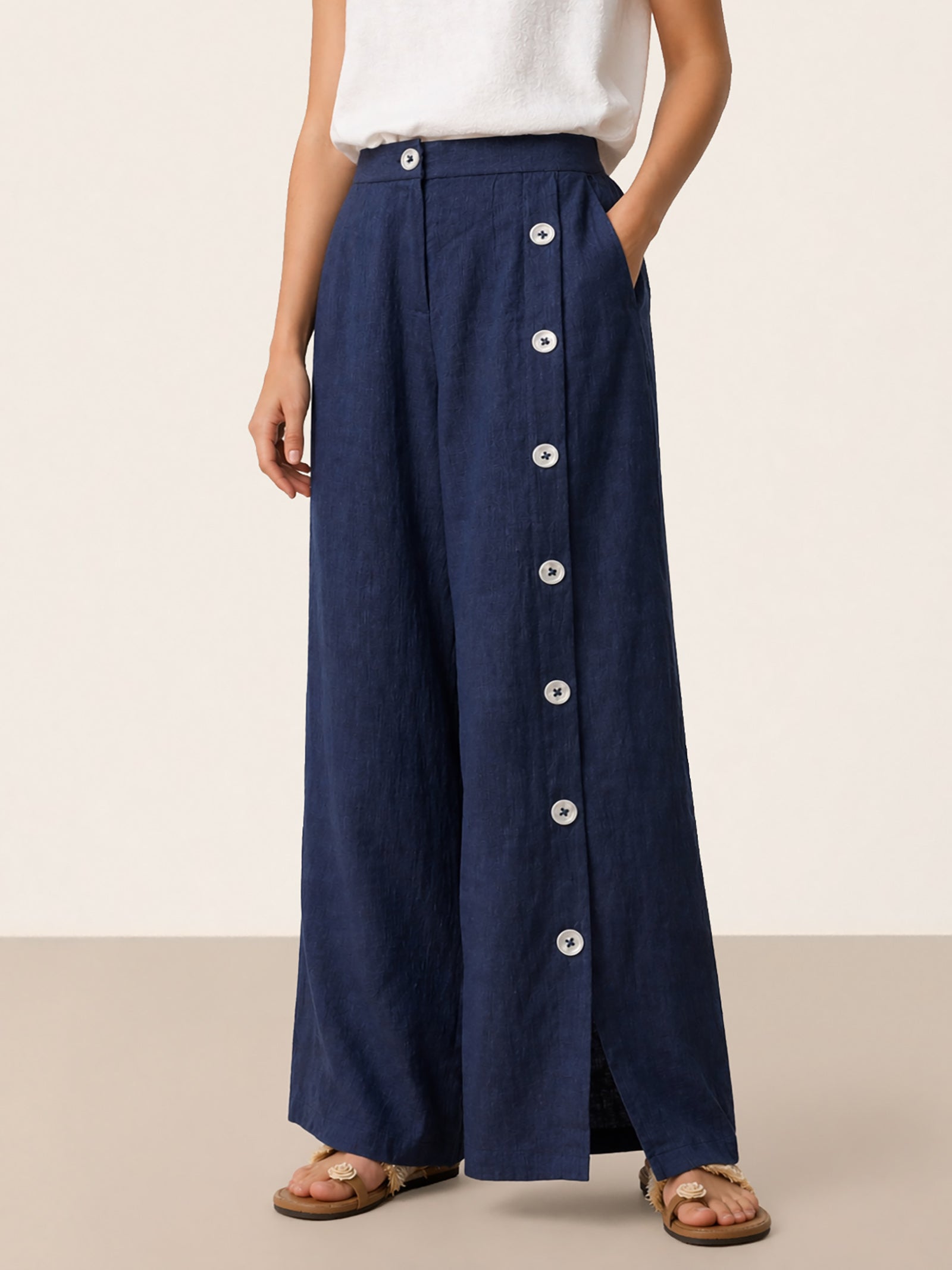 100% Linen Buttoned Slit-Hem Pants KATYA by LINTICO