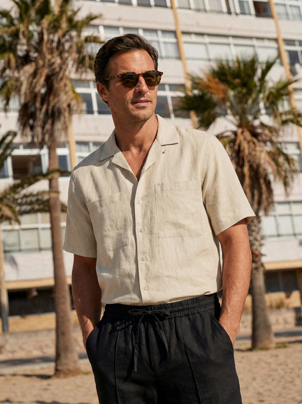 100% Linen Camp-Collar Elbow-Sleeve Shirt HENRY by LINTICO