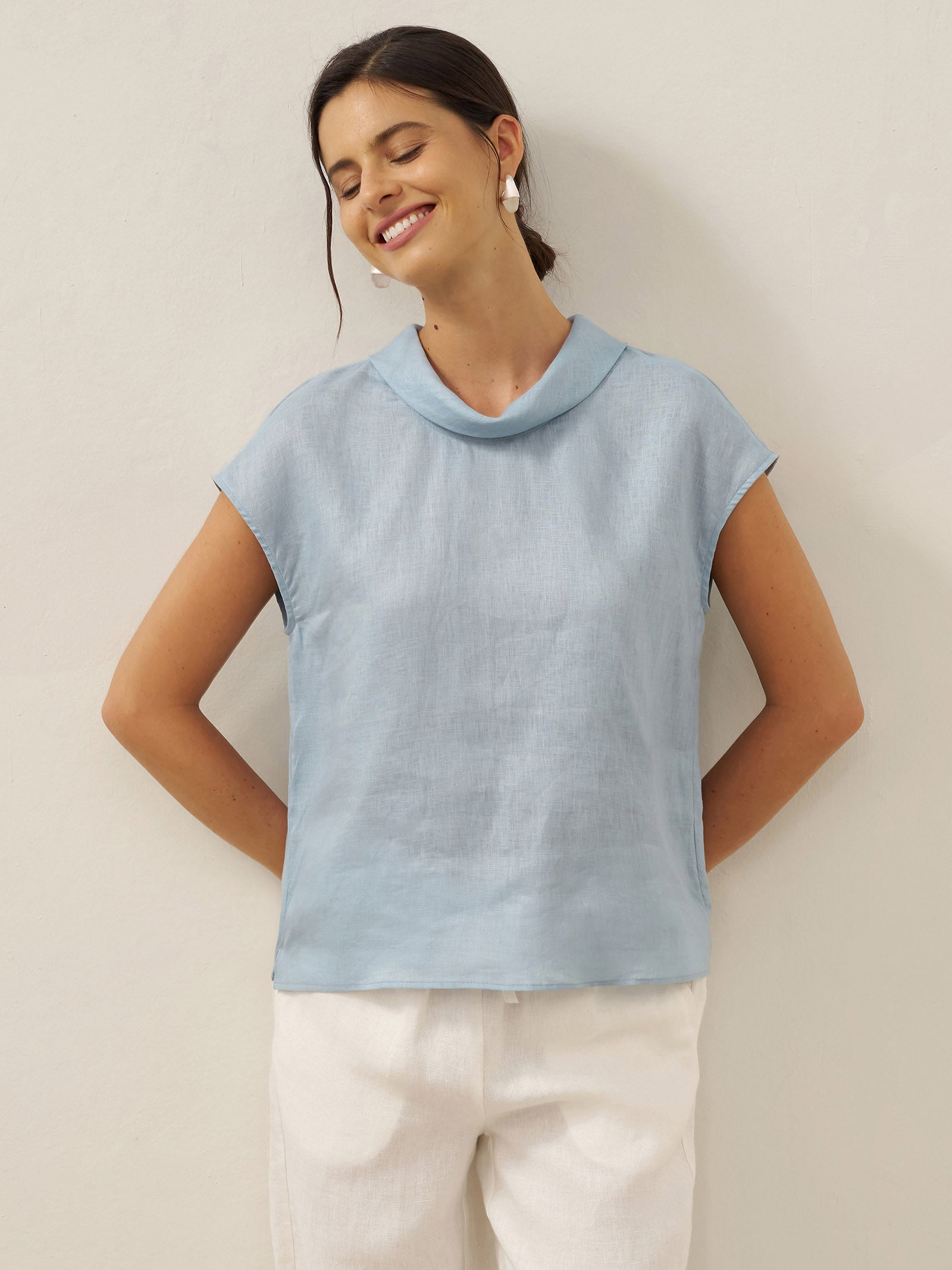100% Linen Cap Sleeve Soft-Fold Collar Top YVONNE by LINTICO