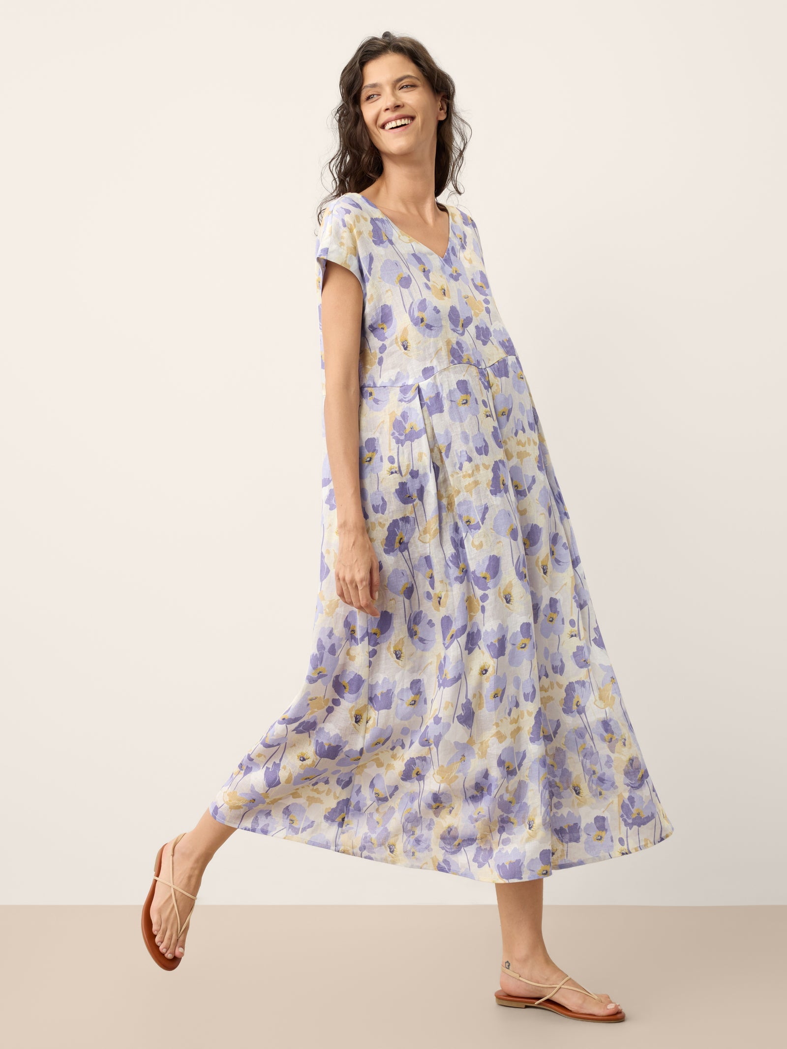 100% Linen Carnation Print Scalloped Waist Maxi Dress HARRIET by LINTICO