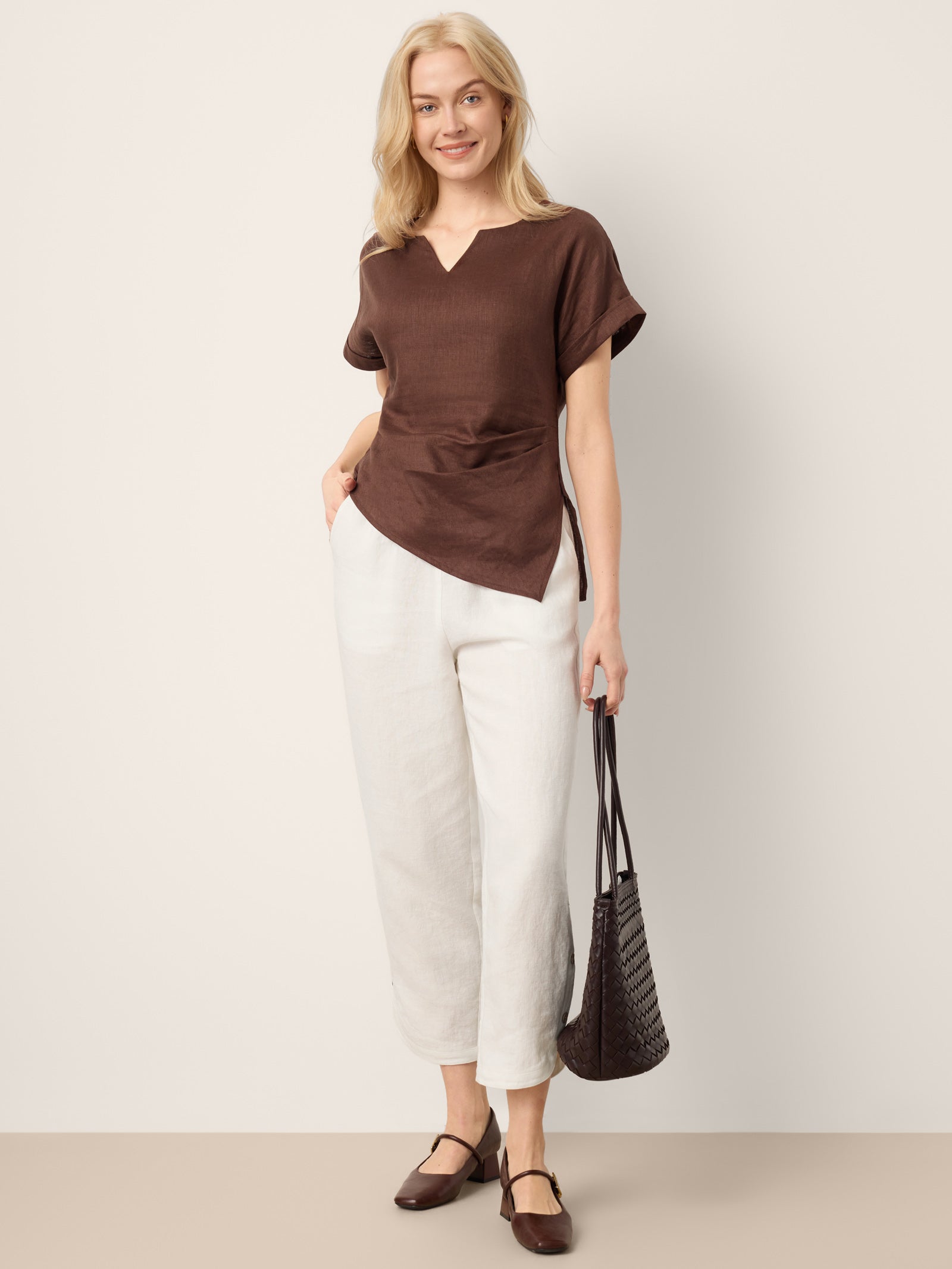 100% Linen Double Pleat Button Hem Pull-On Pants LINDSEY by LINTICO