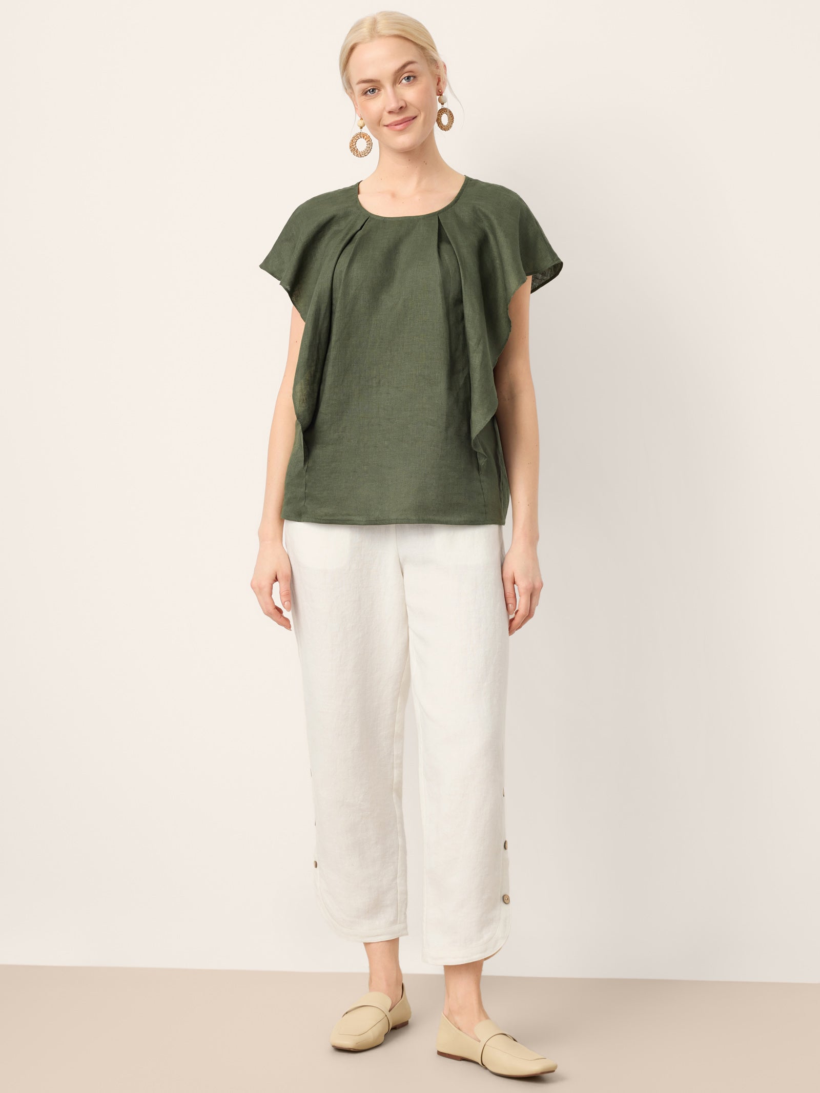 100% Linen Double Pleat Button Hem Pull-On Pants LINDSEY by LINTICO