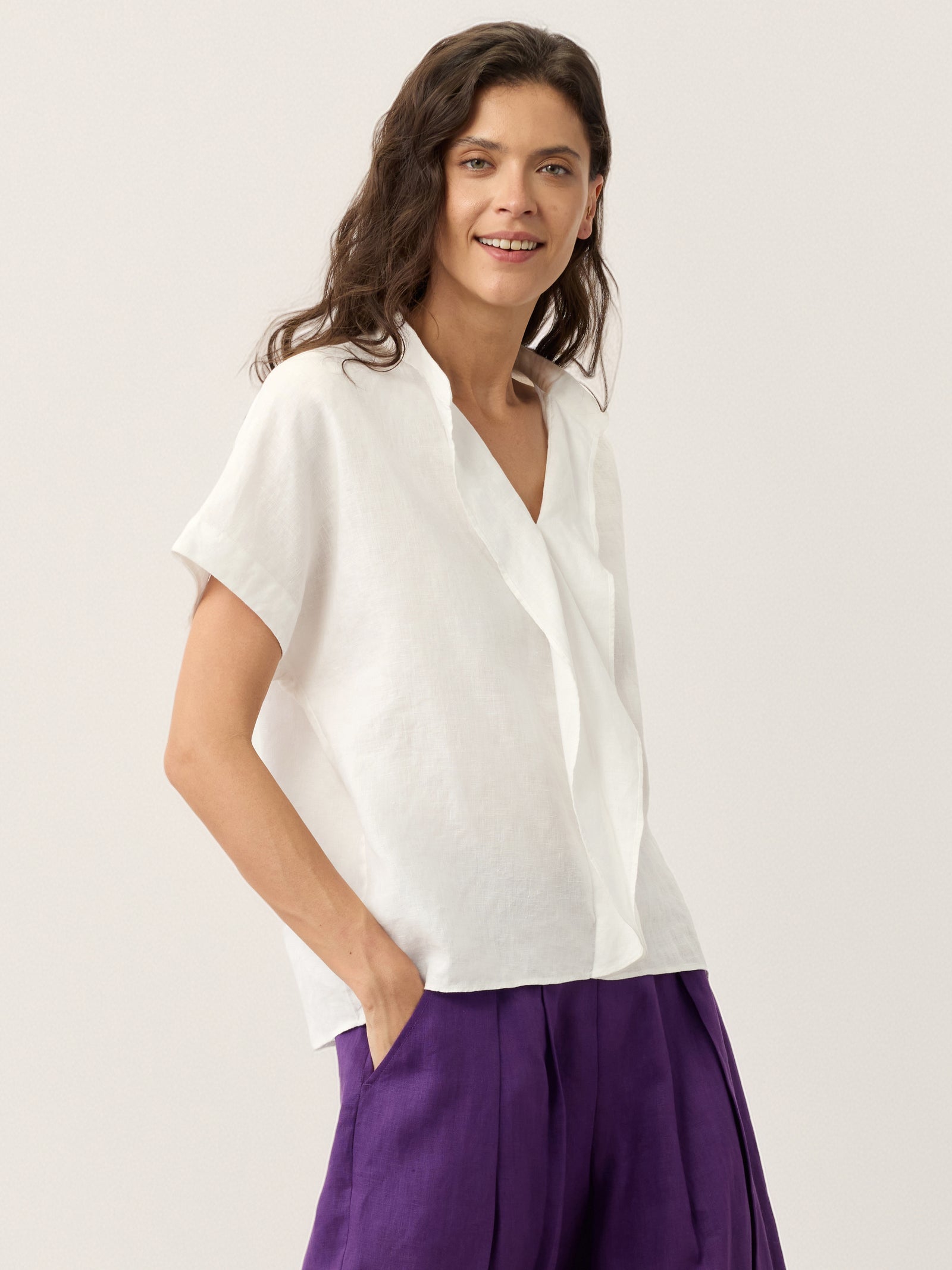 100% Linen Double Ruffle Soft Collar Top VERONICA by LINTICO