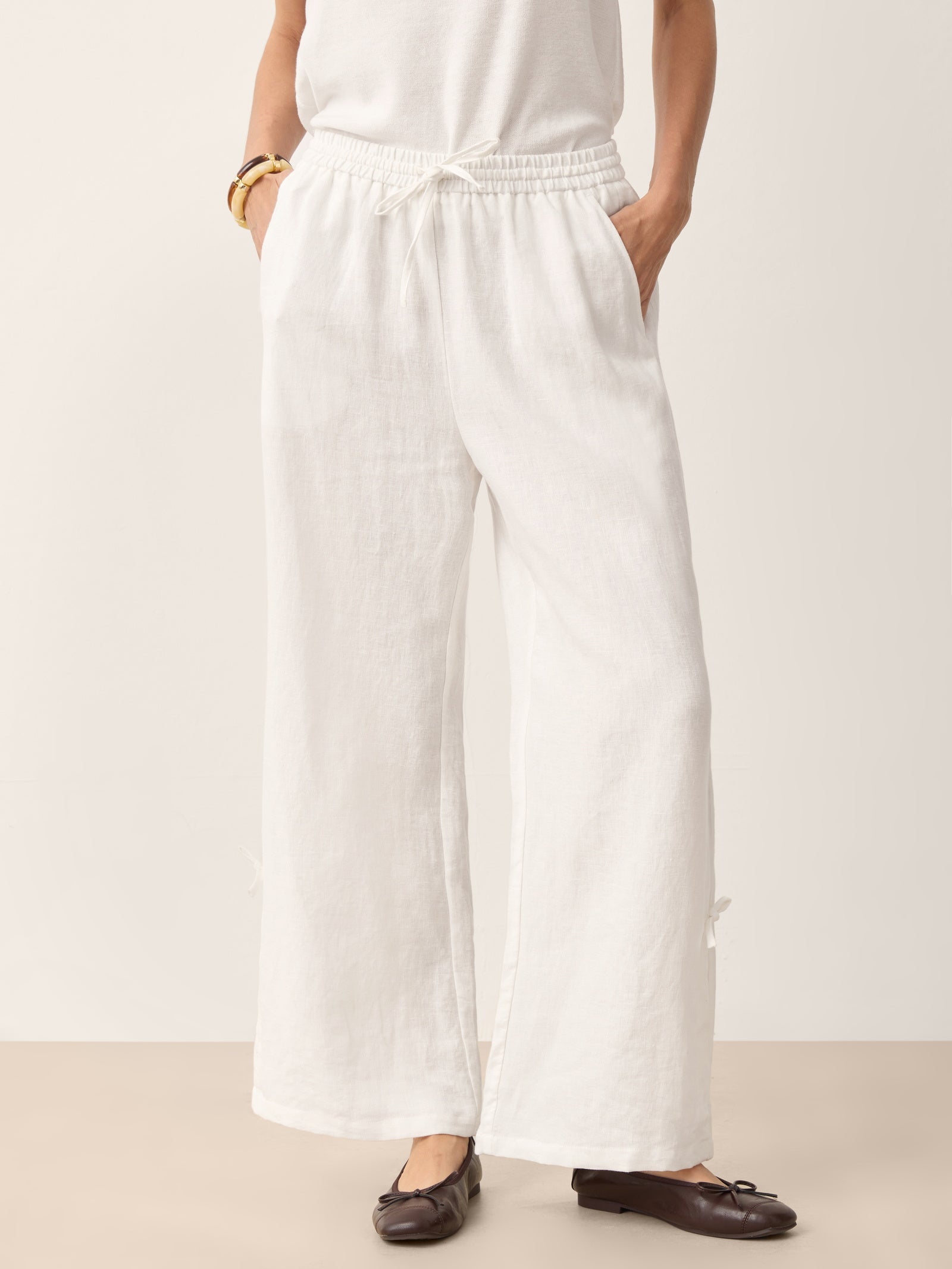 100% Linen Convertible Drawstring Hem Elasticated Waist Wide-Leg Pants YSELINE by LINTICO