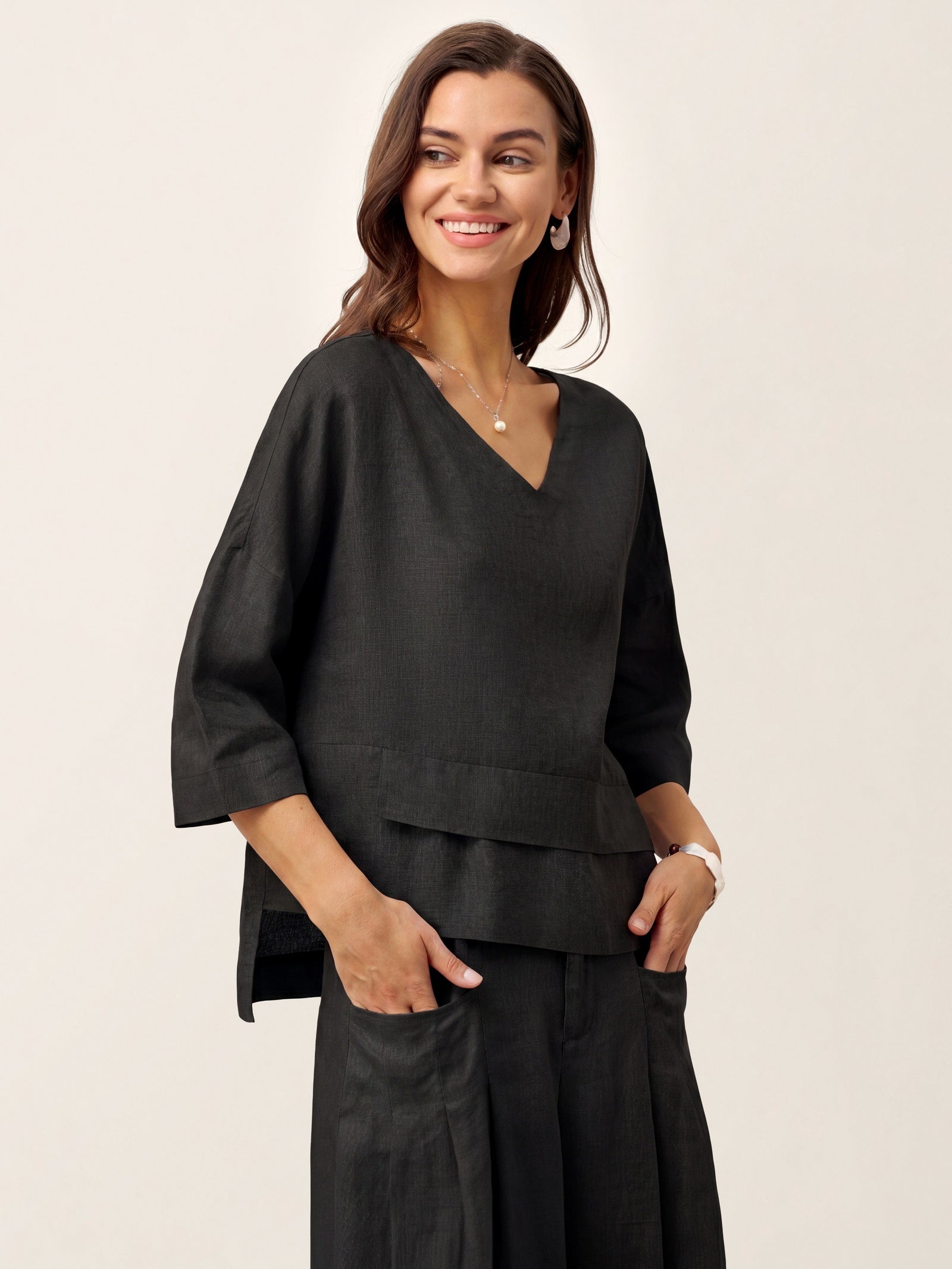 100% Linen Drop Shoulder Asymmetric Layered Hem Overtop VIOLA by LINTICO