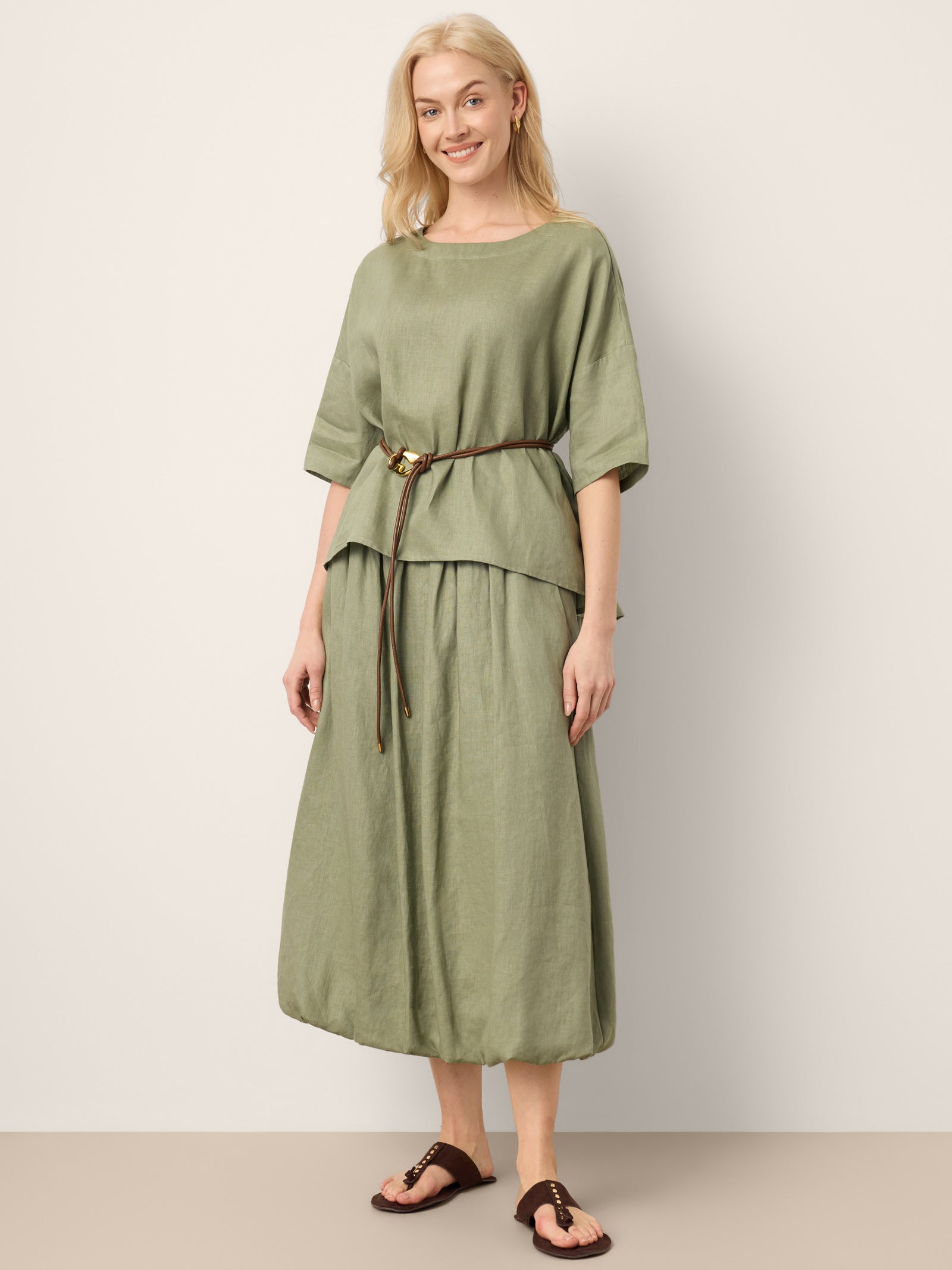 100% Linen Drop Shoulder Shirred Back High-Low Hem Top LINDSEY by LINTICO