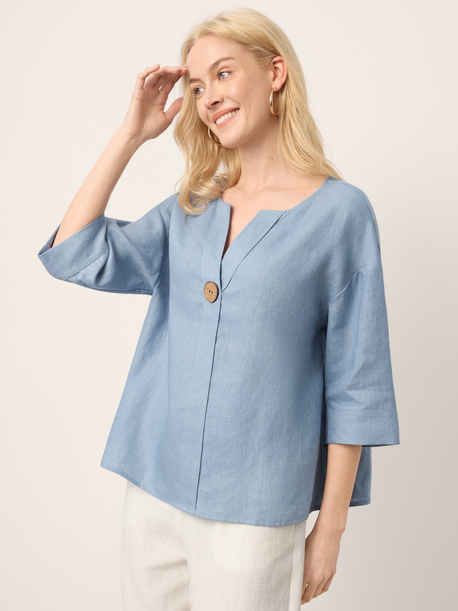 100% Linen Drop Shoulder V-Neck Statement Button Top LISARA by LINTICO