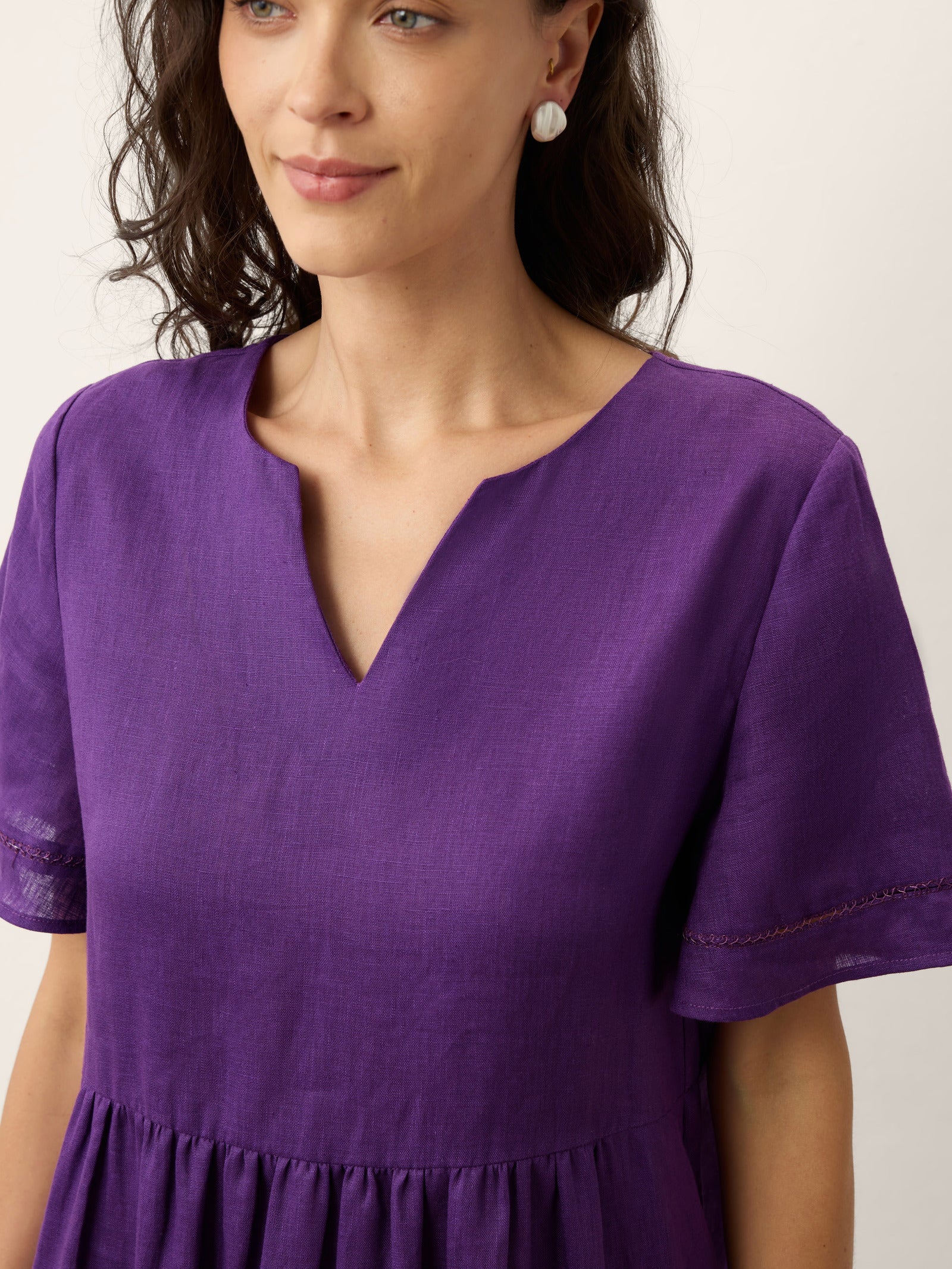 100% Linen Embroidered Cuff Split Neck Midi Dress OCTAVIA by LINTICO