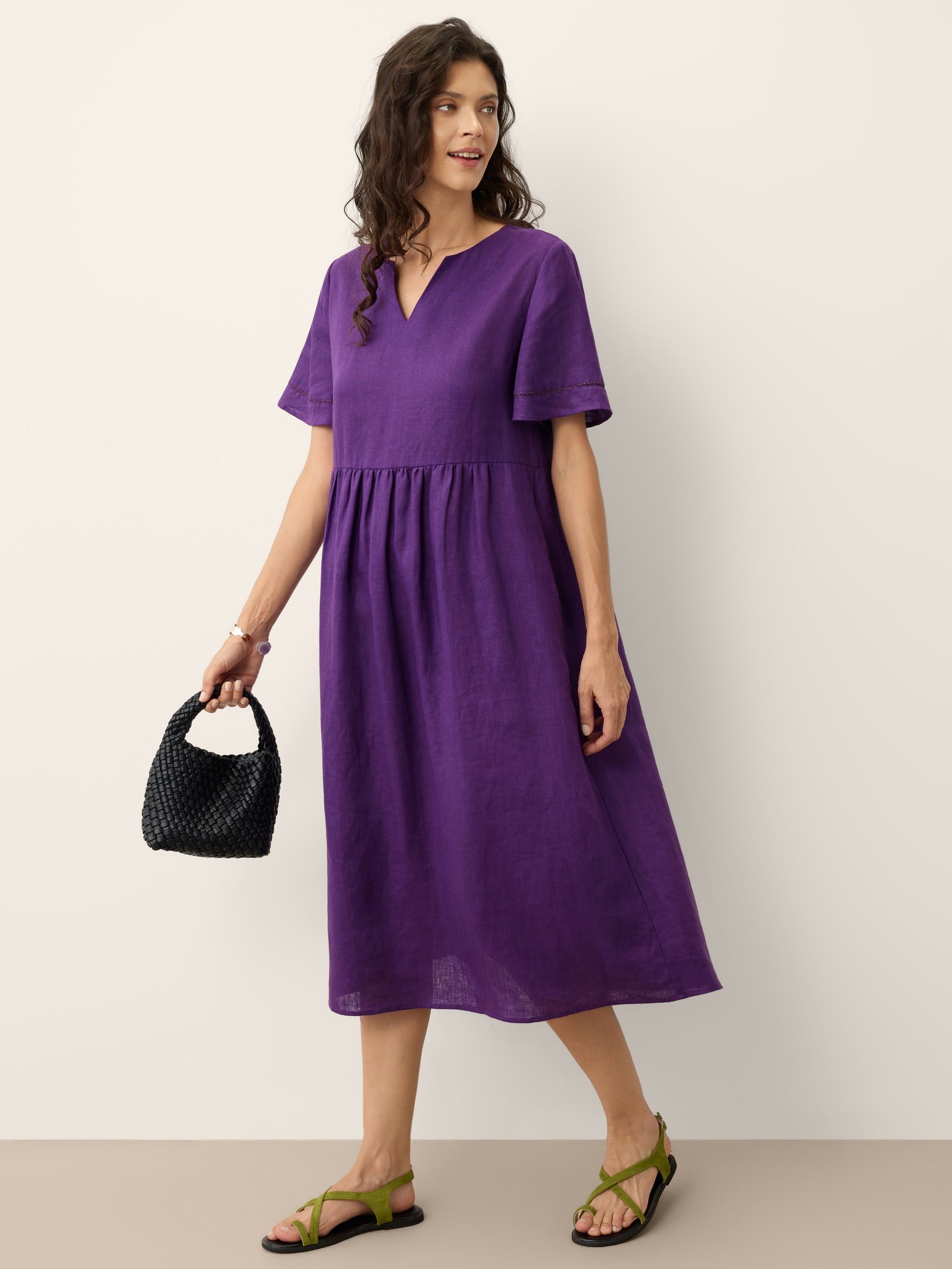 100% Linen Embroidered Cuff Split Neck Midi Dress OCTAVIA by LINTICO